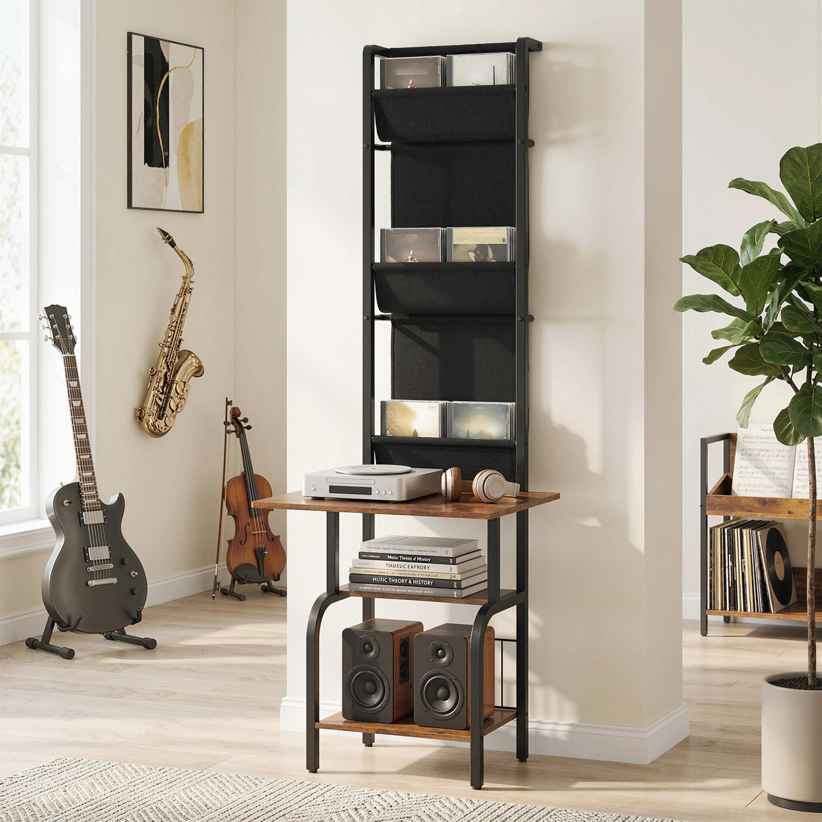 HOMCOM Vinyl Record Player Stand Record Storage with Player Stand Oxford Fabric Pockets Bottom Shelf Rustic Brown and Black