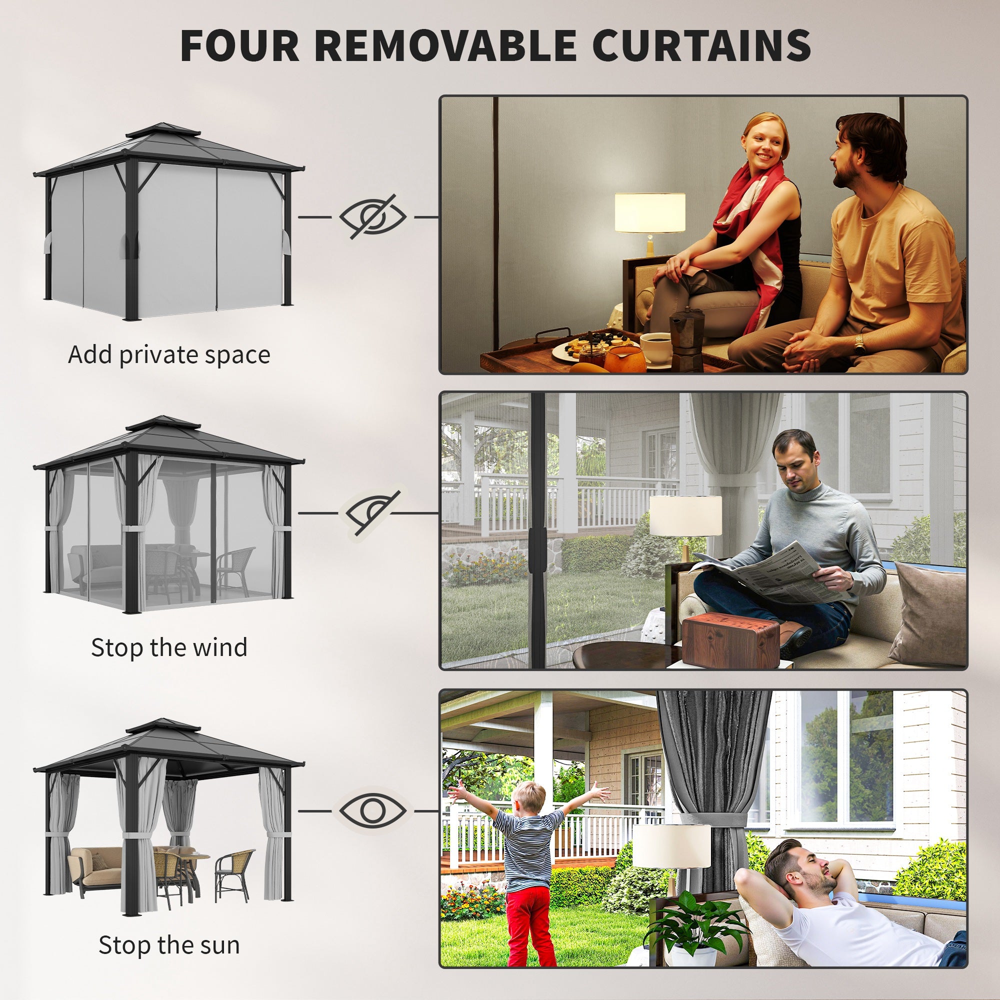 Outsunny 3 x 3(m) Hardtop Gazebo Canopy with UPF30+ Double Polycarbonate Roof, Aluminium Frame Garden Gazebo Permanent Pavilion with Mosquito Netting and Curtains for Patio, Deck, Grey