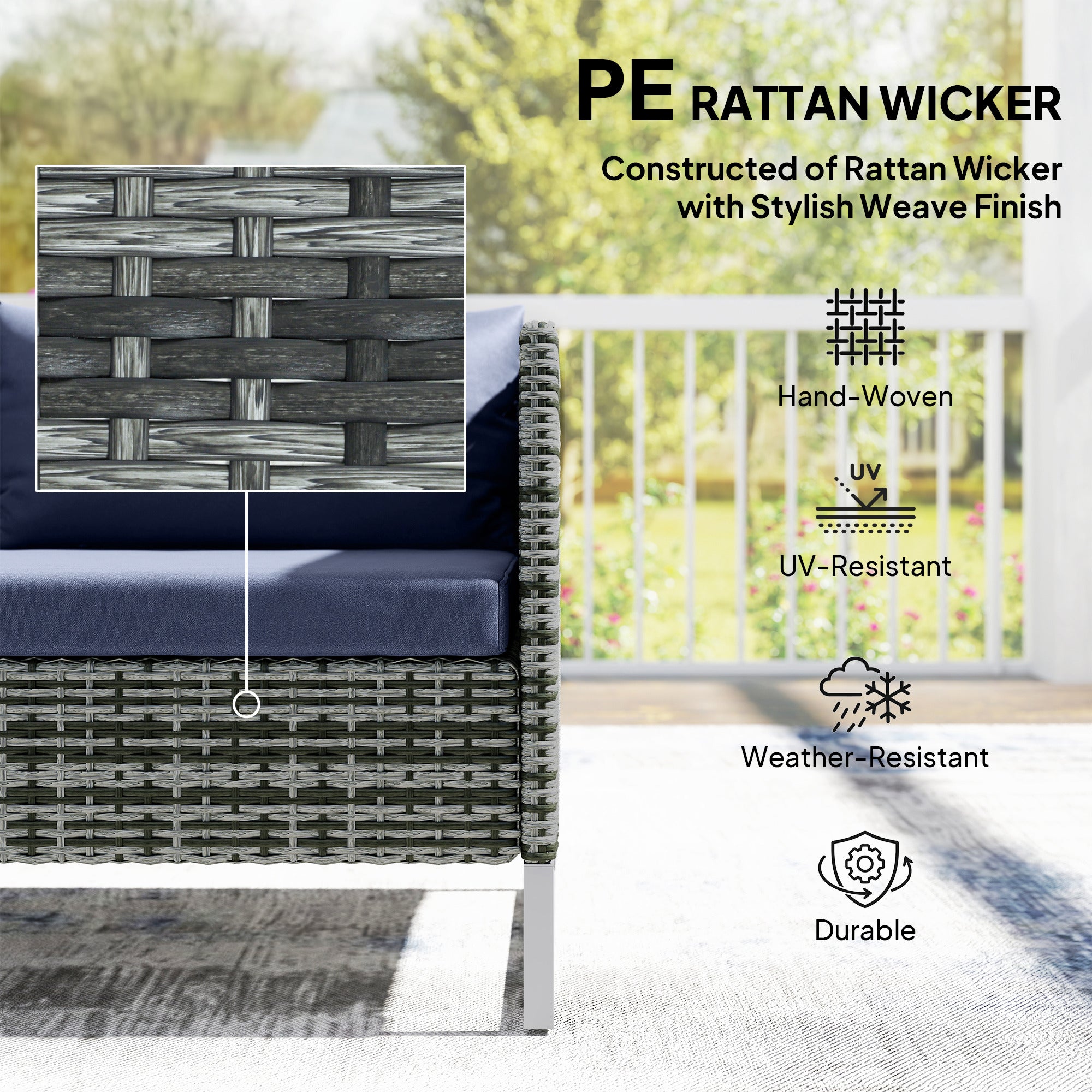 Outsunny 4 Piece Rattan Garden Furniture Set, Outdoor Corner Sofa Set with Storage Table, Loveseats, Cushions - Dark Blue