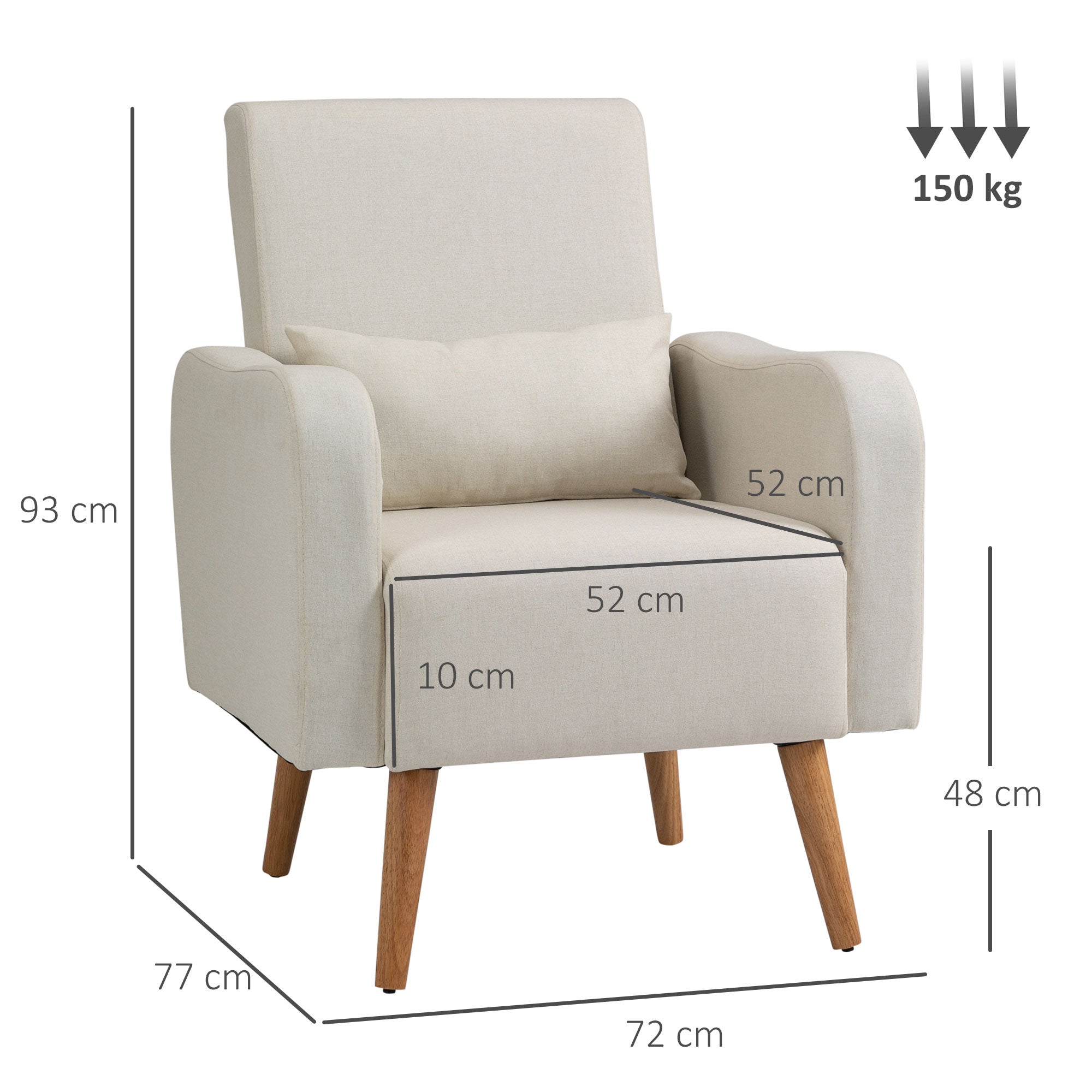 HOMCOM Accent Chair, Linen-Touch Armchair with Pillow, Upholstered Leisure Lounge Sofa for Living Room, Club Chair with Rubber Wooden Frame, Cream