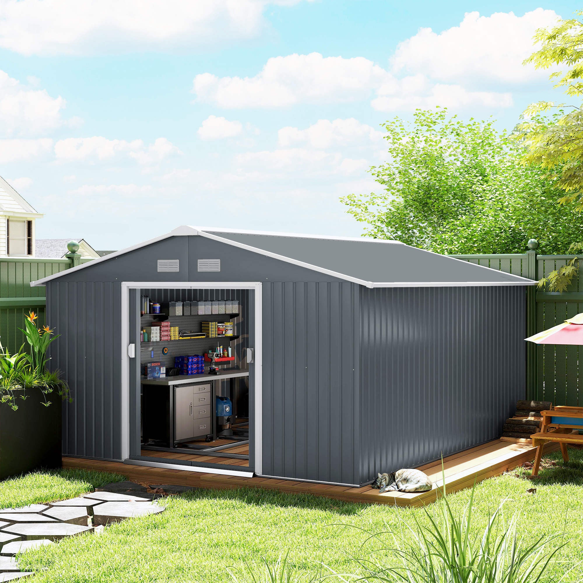 Outsunny 13 x 11ft Metal Garden Shed, Outdoor Storage Tool House with Ventilation Slots, Foundation Kit and Lockable Double Doors, Grey