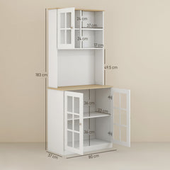 HOMCOM Freestanding Kitchen Cupboard, Tall Storage Cabinet with Doors and Adjustable Shelves, Counter Top, Grid Glass Doors, 80L x 37W x 183H cm - White