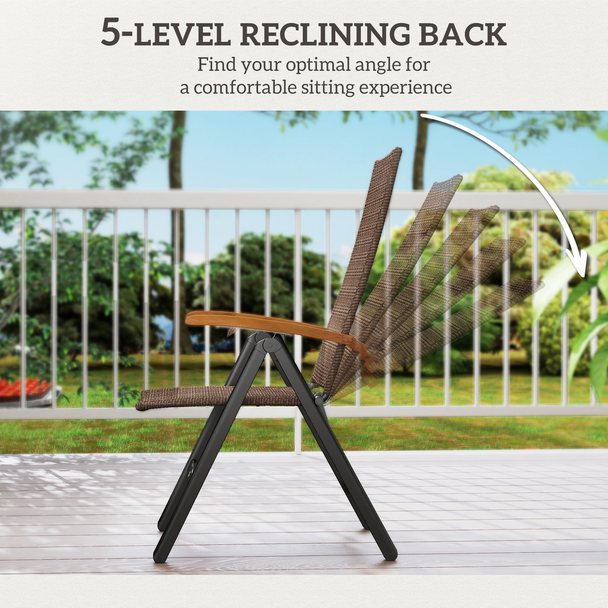 Outsunny Folding Rattan Garden Dining Chair with 5-level Reclining High Back, Wood Armrests for Outdoor, Patio - Brown