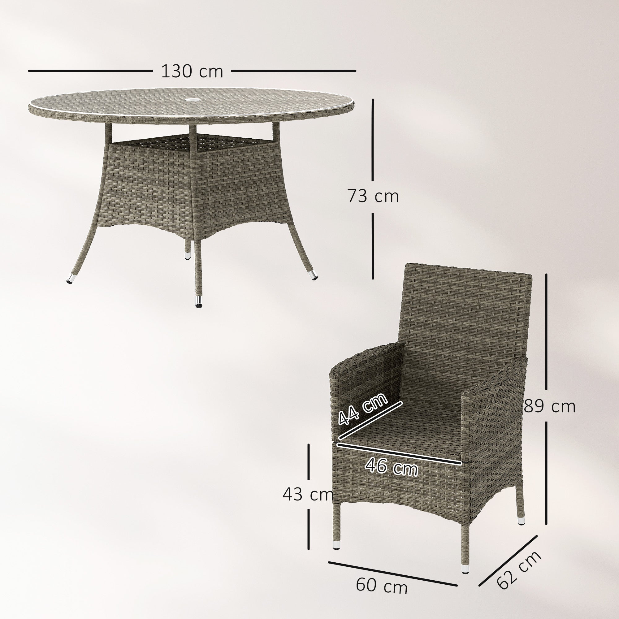 Outsunny Seven-Piece Rattan Dining Table, with Round Glass-Top Table - Light Grey