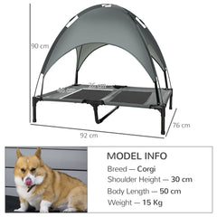 PawHut Outdoor Dog Bed with Removable Canopy, Portable Raised Dog Bed for Camping, Garden & Beach, Water-Resistant UV-Protection Mesh Pet Cot Sun Lounger, for Large Pets, 92 x 76 x 90 cm, Grey
