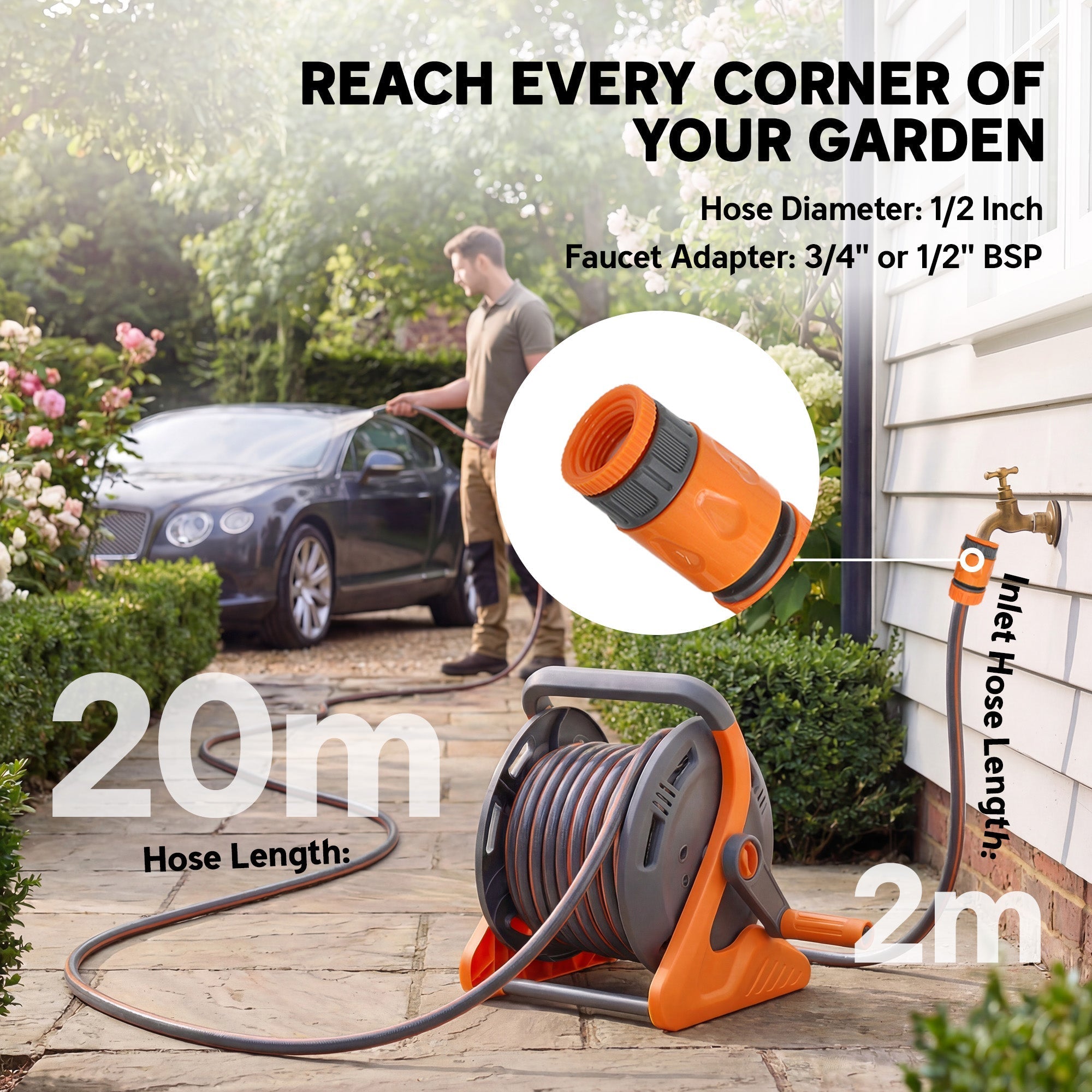 Outsunny Portable Garden Hose Reel, 20+2 m Wall Mounted Hose Reel with 2 Patterns Spray Nozzle and Crank Handle, Orange