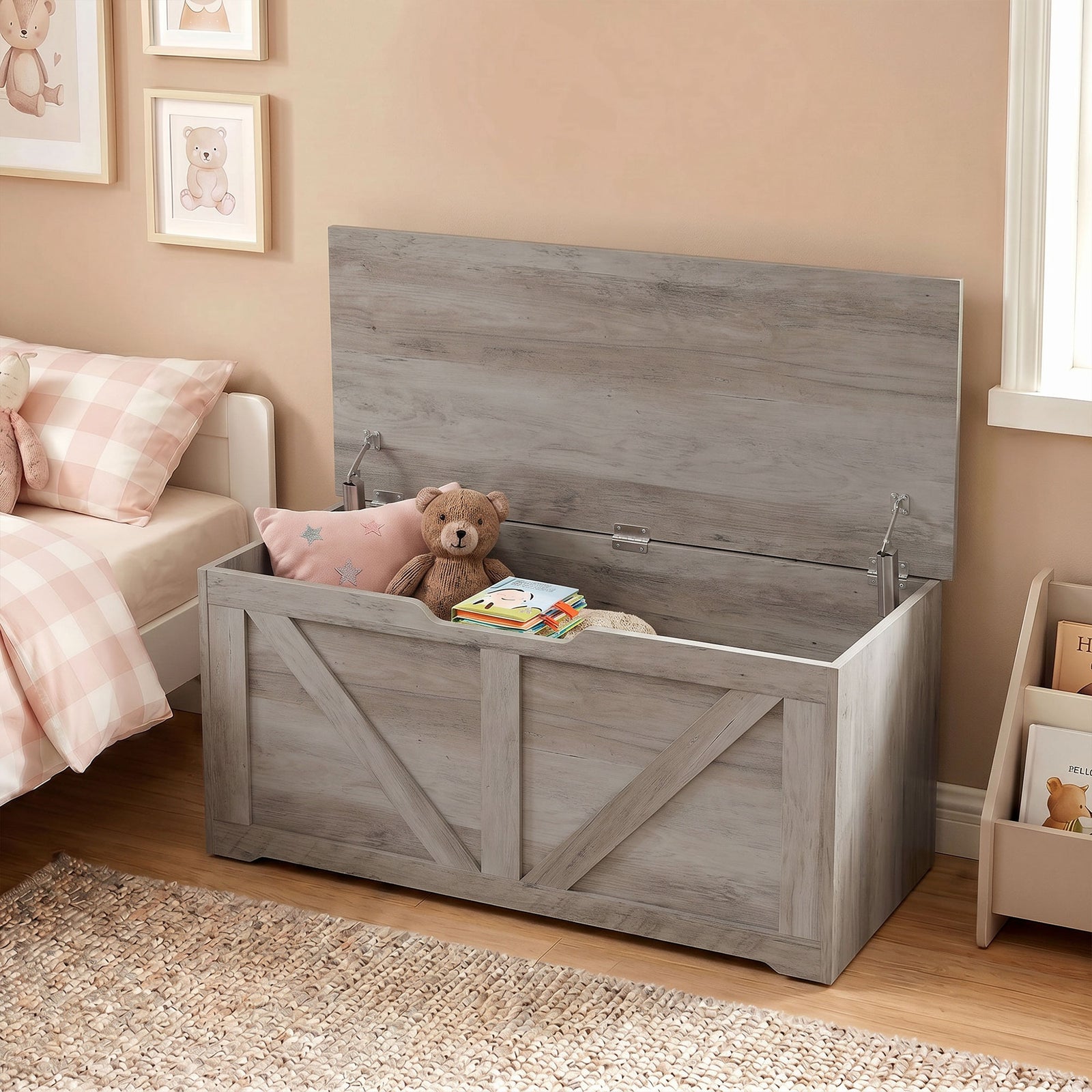 HOMCOM 127L Home Storage Box, with Safety Hinges - Grey Wood-Effect