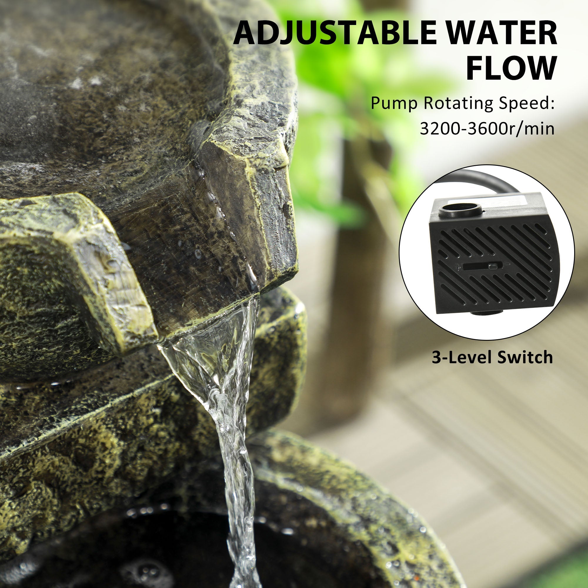 Outsunny Garden Water Feature Waterfall Fountain with 4-Tier Stone Look Bowls, Adjustable Flow