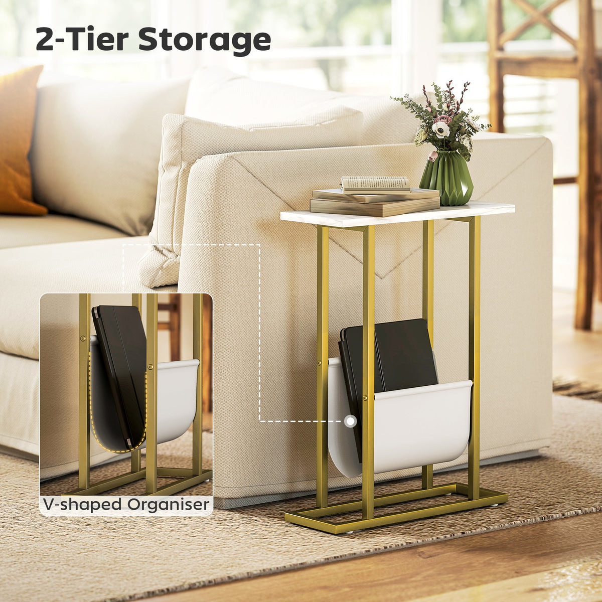 HOMCOM Narrow Side Table, End Table with Magazine Holder, Nightstand for Small Spaces, Living Room, Bedroom, White Marble Grain