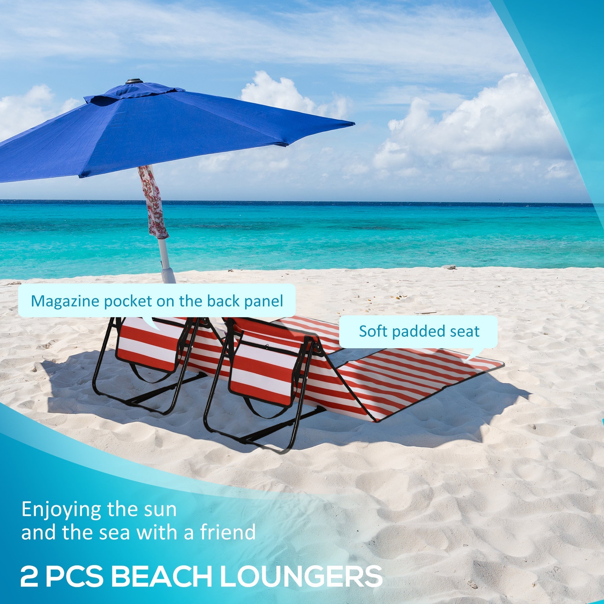 Outsunny Set of 2 Foldable Garden Beach Chair Mat, Outdoor Sun Lounger Seats with Adjustable Back, Magazine Pocket, Carry Bag