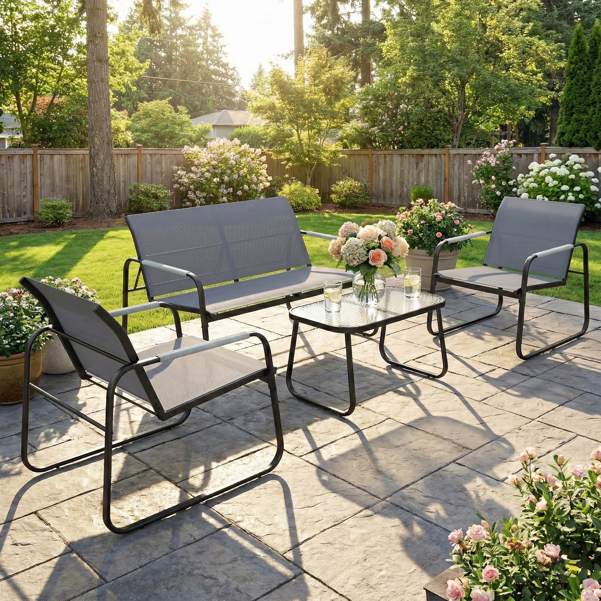 Outsunny 4 Piece Garden Furniture Set, Garden Sofa Set with Loveseat, 2 Armchairs, Tempered Glass Table for Balcony, Grey