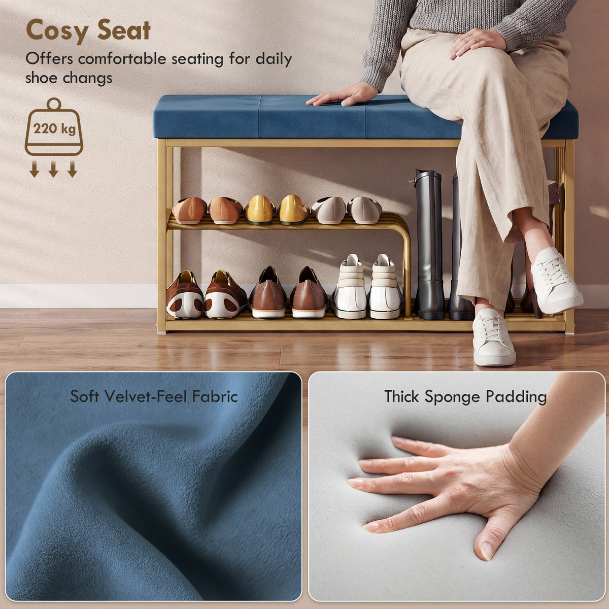 HOMCOM Bench and Shoe Storage, Tufted Shoe Storage Bench with Velvet Seat Cushion Gold Steel Frame for Entryway, Dark Blue