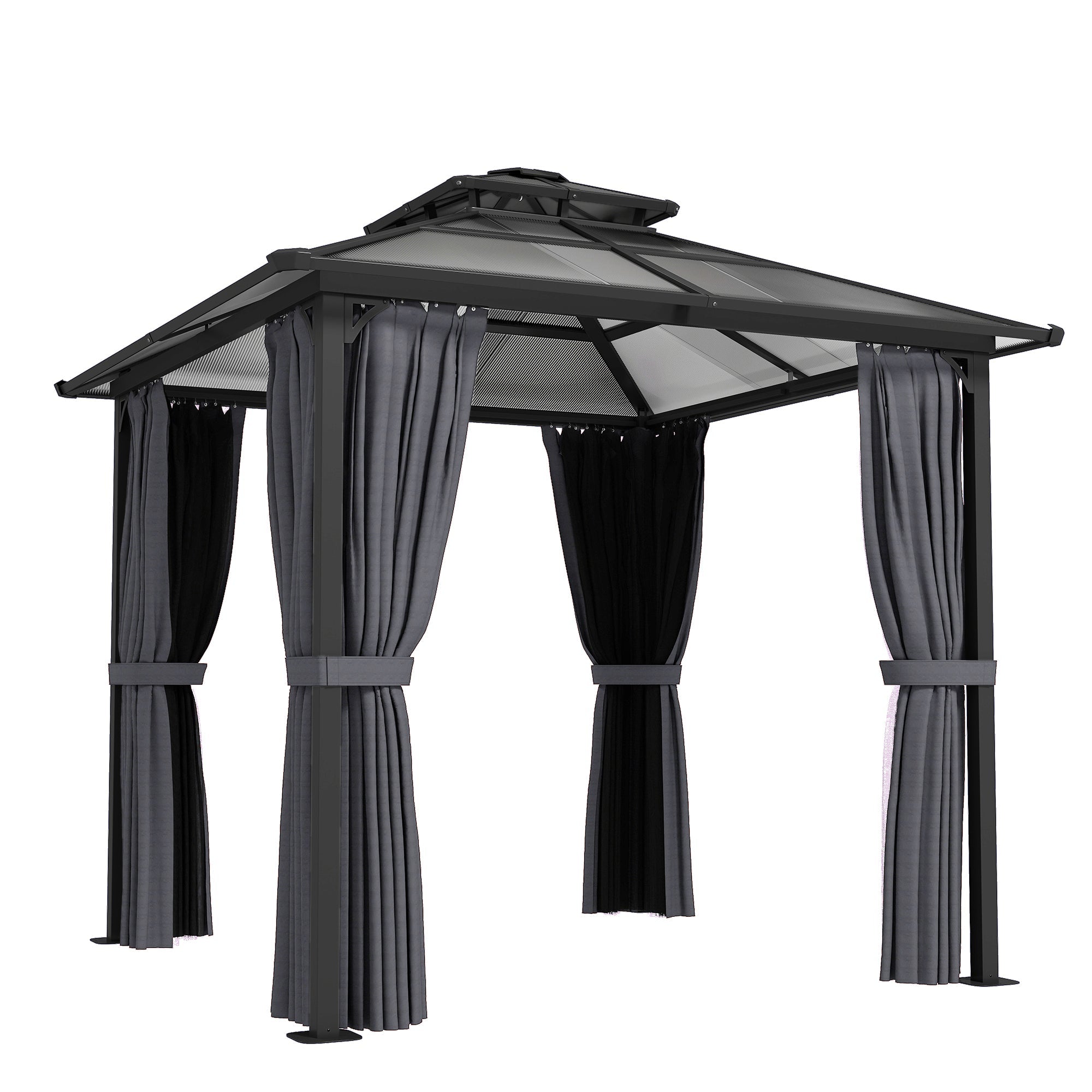 Outsunny 2.5 x 2.5 m Hardtop Gazebo Canopy with Double PC Roof, Drainage Gutters, Garden Gazebo Permanent Pavilion, Dark Grey