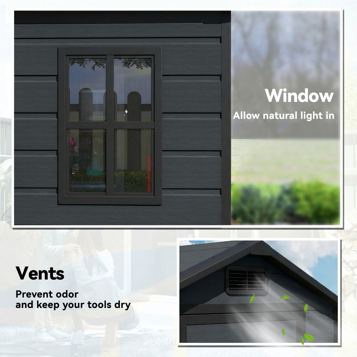 Outsunny 4 x 3 ft Plastic Garden Shed with Floor, Outdoor Storage Shed with Lockable Door, Window and Vent, Dark Grey