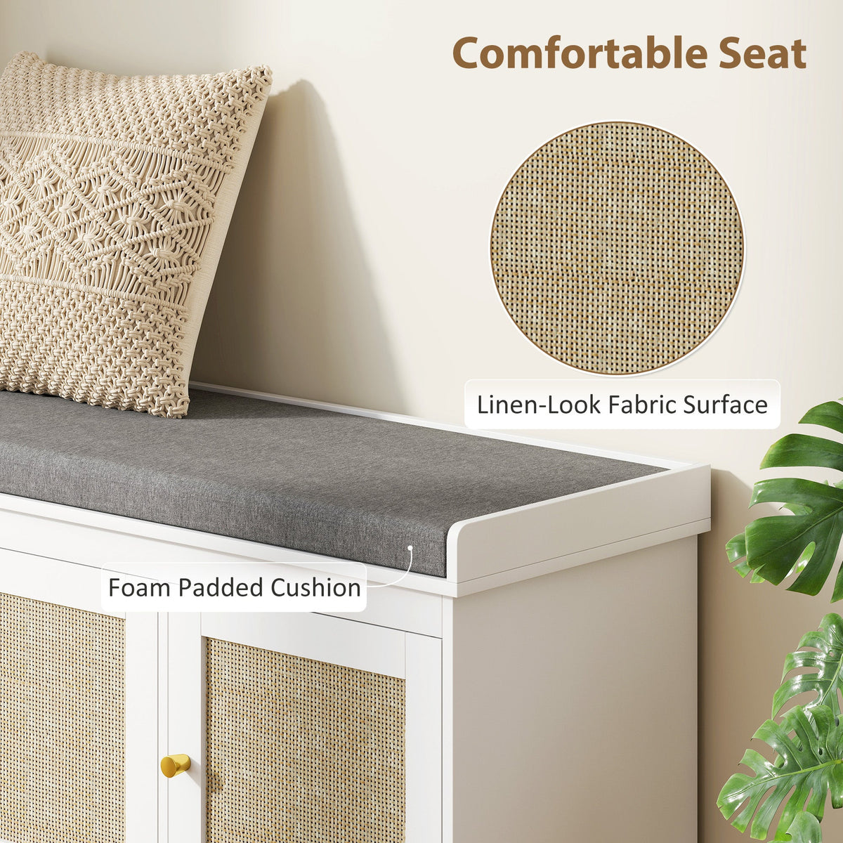HOMCOM Shoe Storage Bench with Woven Rattan Doors, Seat - White