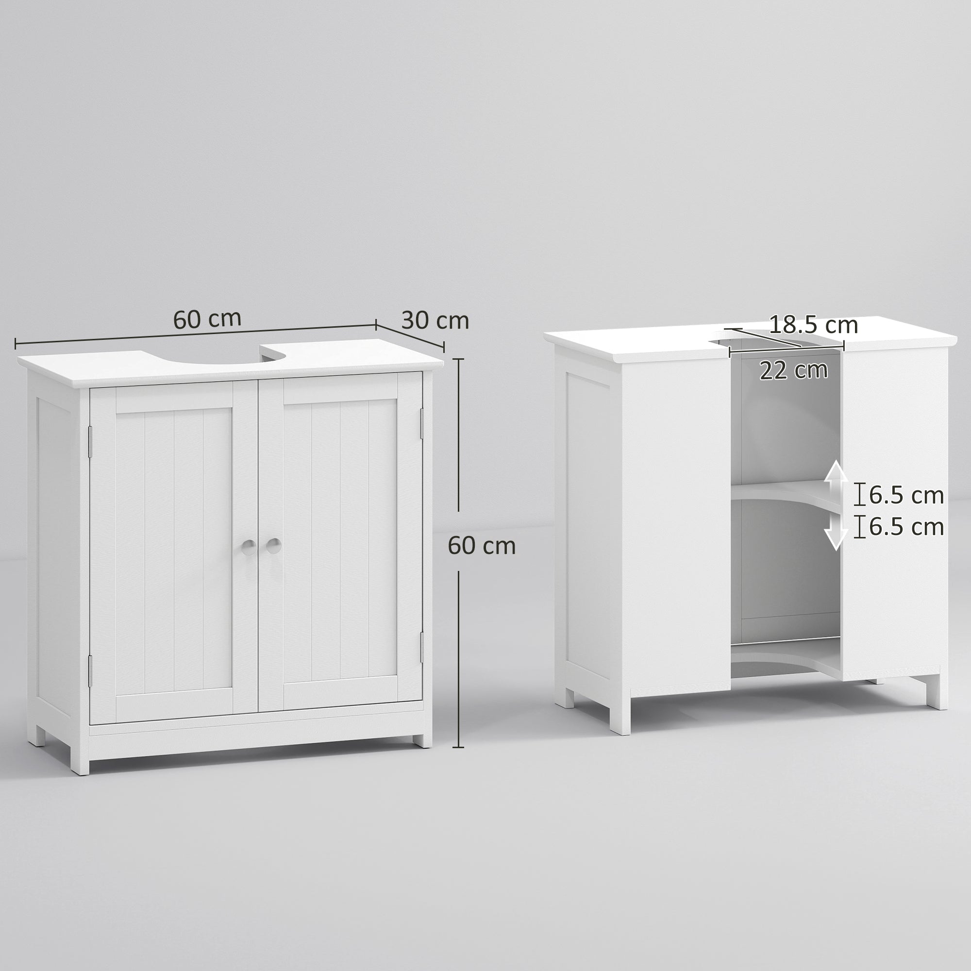 kleankin 60x60cm Under-Sink Storage Cabinet w/ Adjustable Shelf Handles Drain Hole Bathroom Cabinet Space Saver Organizer White