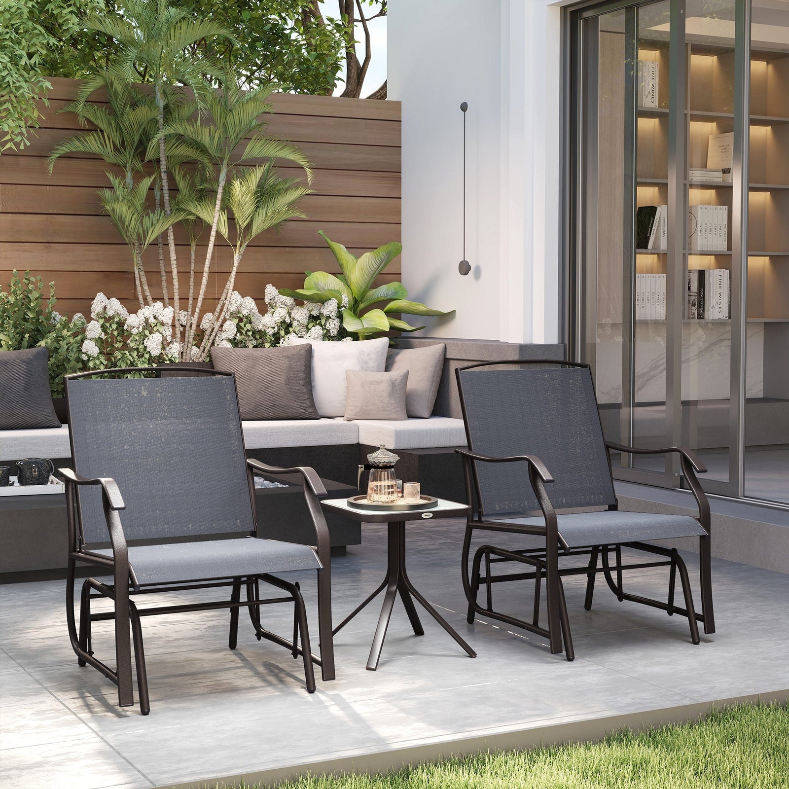 Outsunny Glider Rocking Chair & Table Set 2 Single Seaters Rocker Garden Swing Chair Patio Furniture Bistro Set Grey