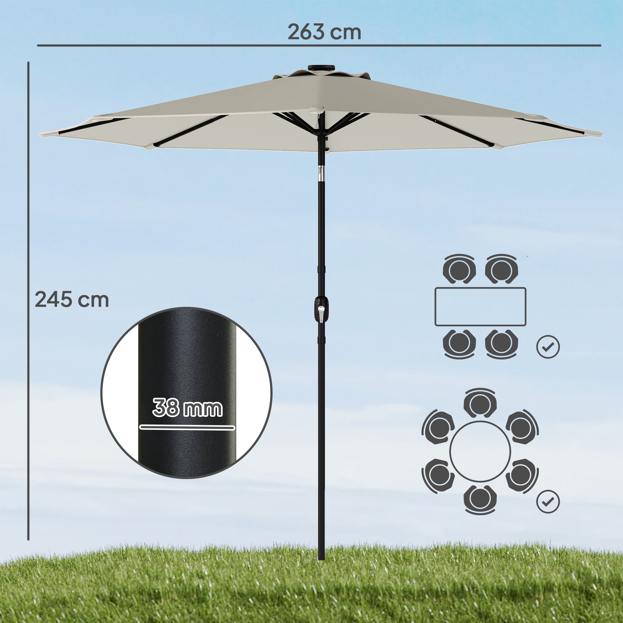 Outsunny 2.6 m Garden Parasol Umbrella with LED Solar Light, Parasol Cover, Outdoor Market Patio Umbrella, Light Grey