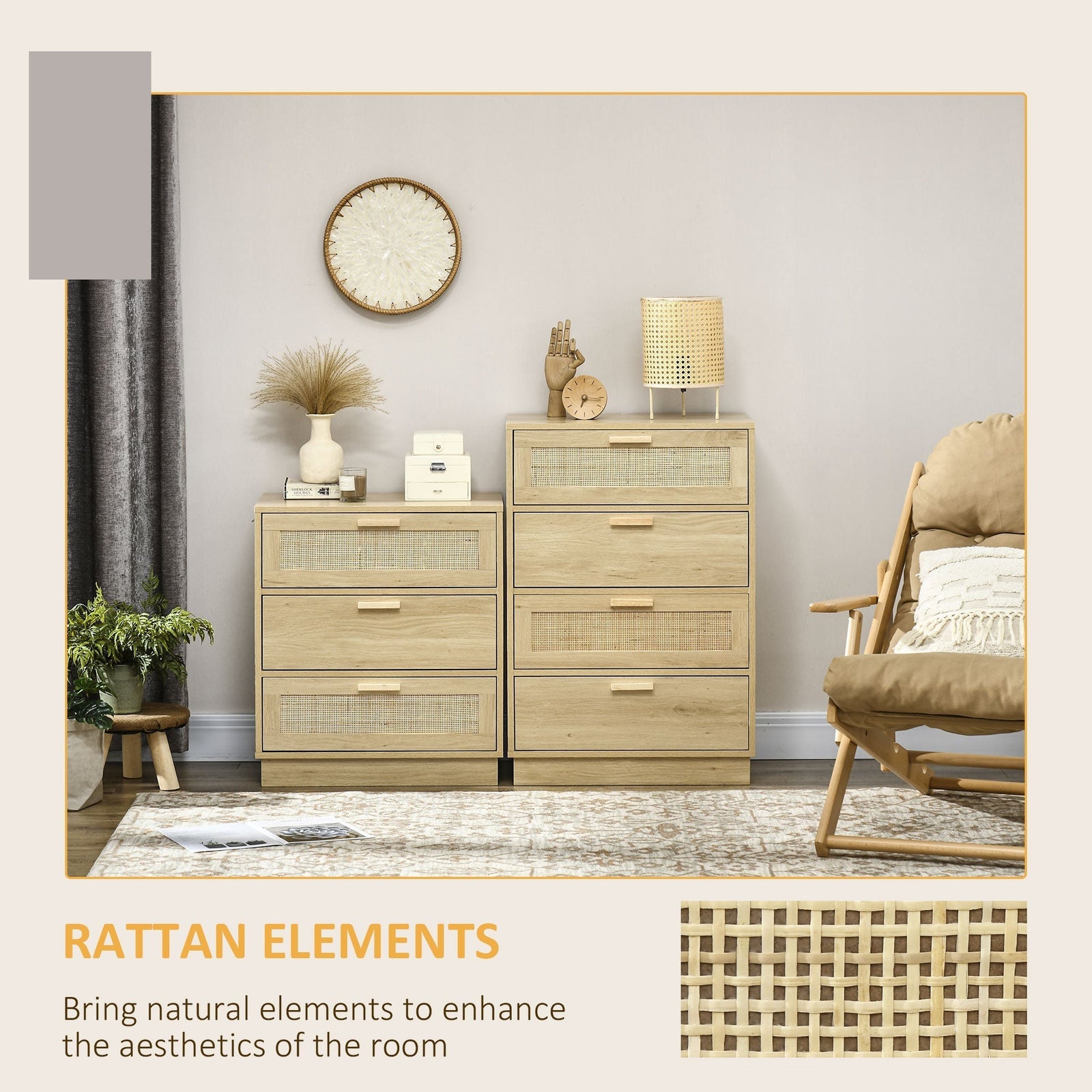 HOMCOM Chest of Four Rattan Weave Panel Drawers - Wood-Effect