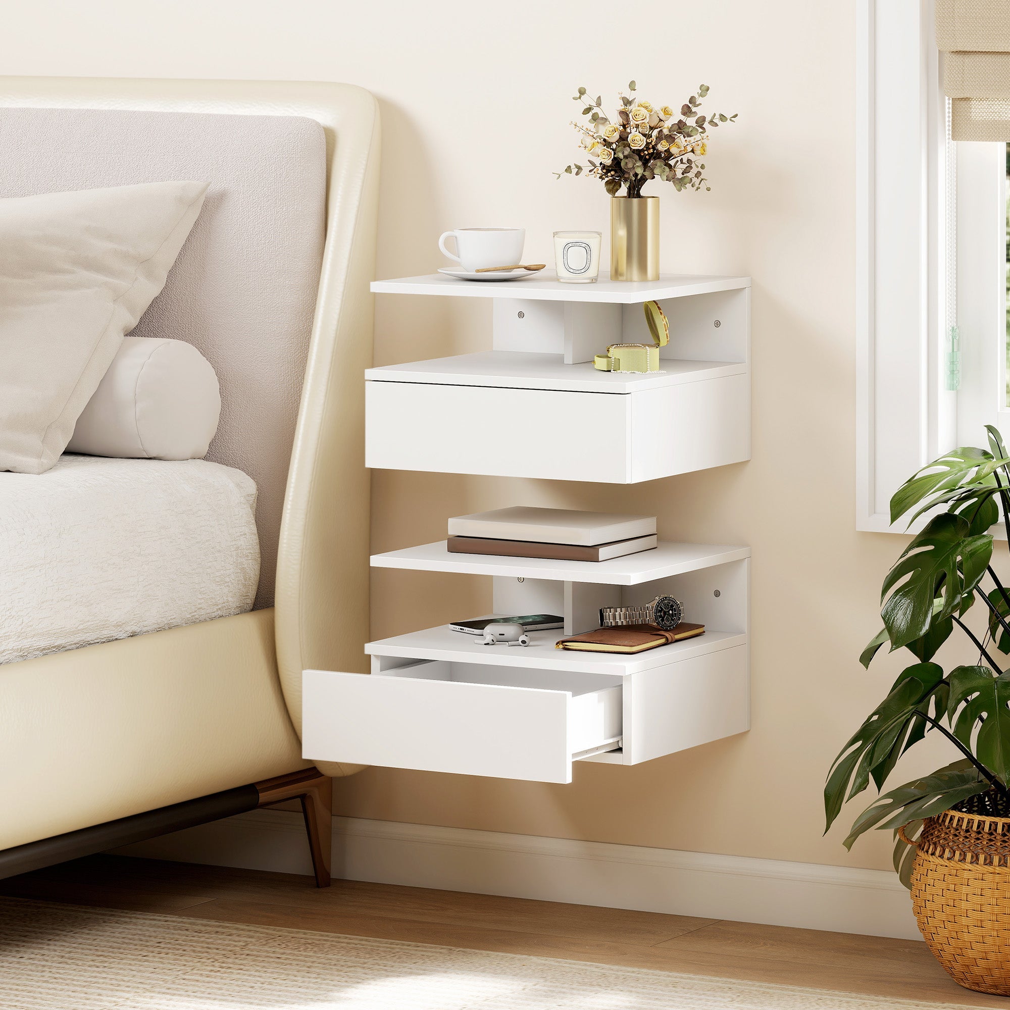 HOMCOM Set of Two Floating Bedside Tables - White