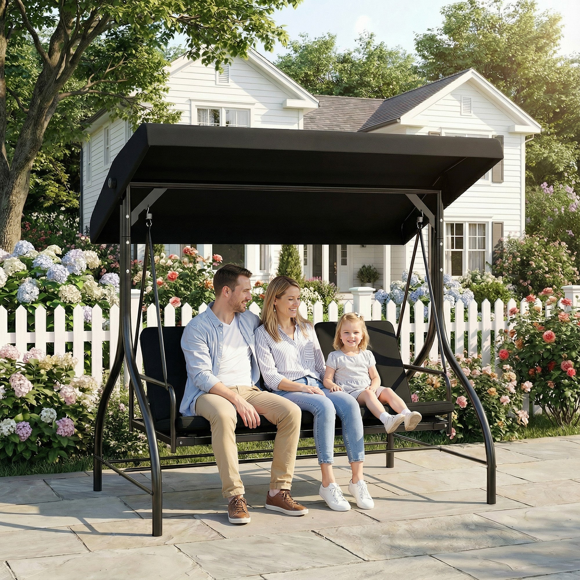 Outsunny 3 Seater Canopy Swing Chair, 2 in 1 Garden Swing Seat Bed, with Adjustable Canopy and Metal Frame, Black