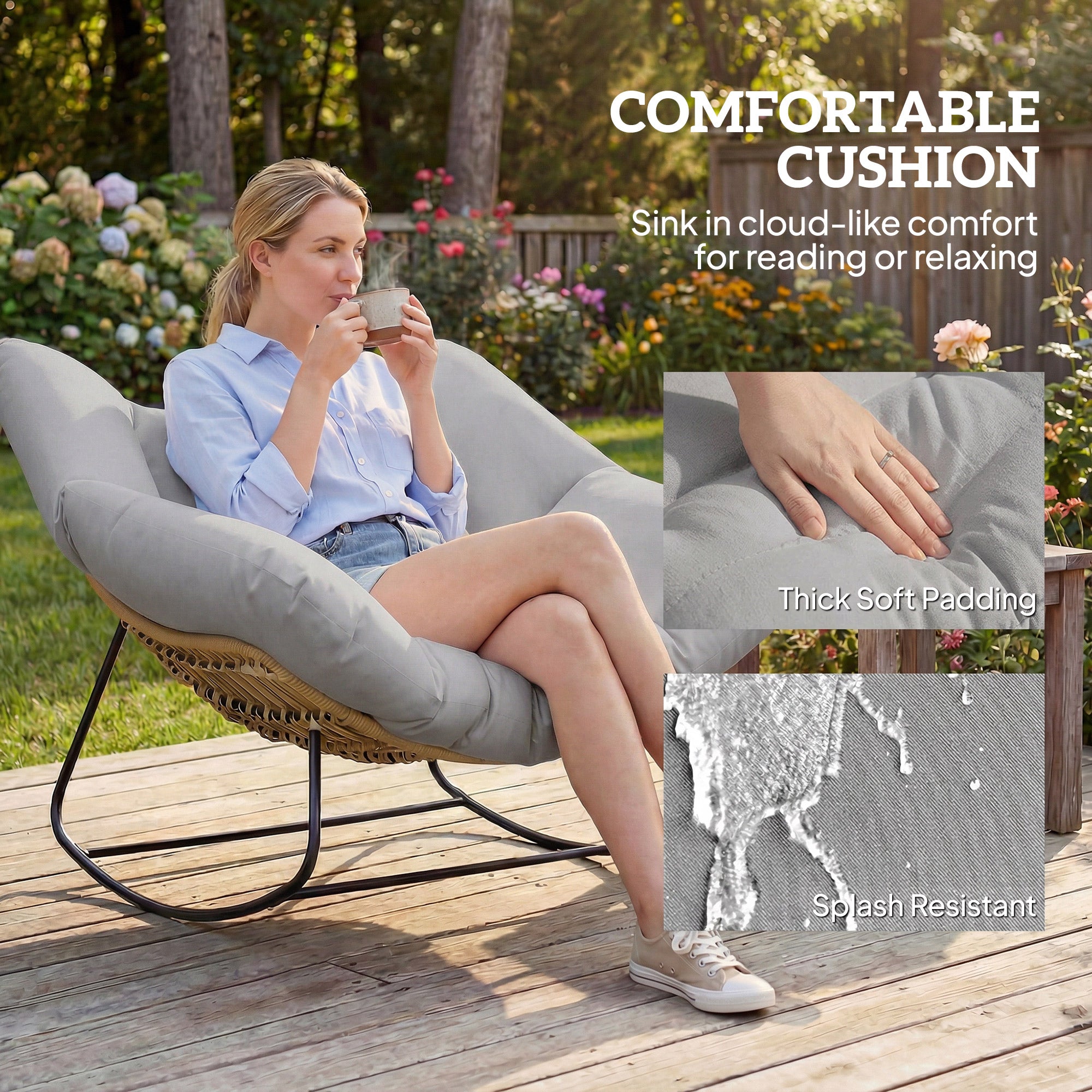 Outsunny Indoor Outdoor Rocking Chair, Oversized Rocking Egg Chair with Cushion for Living Room, Garden, Patio, Light Grey