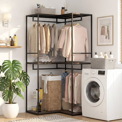2M L-shaped Coat Rack Unit with 3 Shelves and 4 Rails Open Wardrobe-Grey