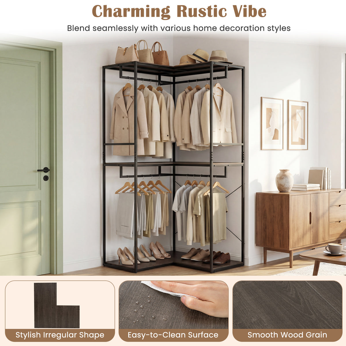2M L-shaped Coat Rack Unit with 3 Shelves and 4 Rails Open Wardrobe-Grey
