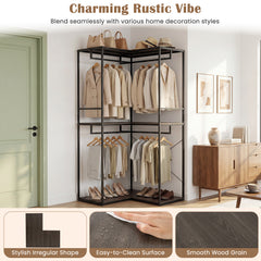 2M L-shaped Coat Rack Unit with 3 Shelves and 4 Rails Open Wardrobe-Grey