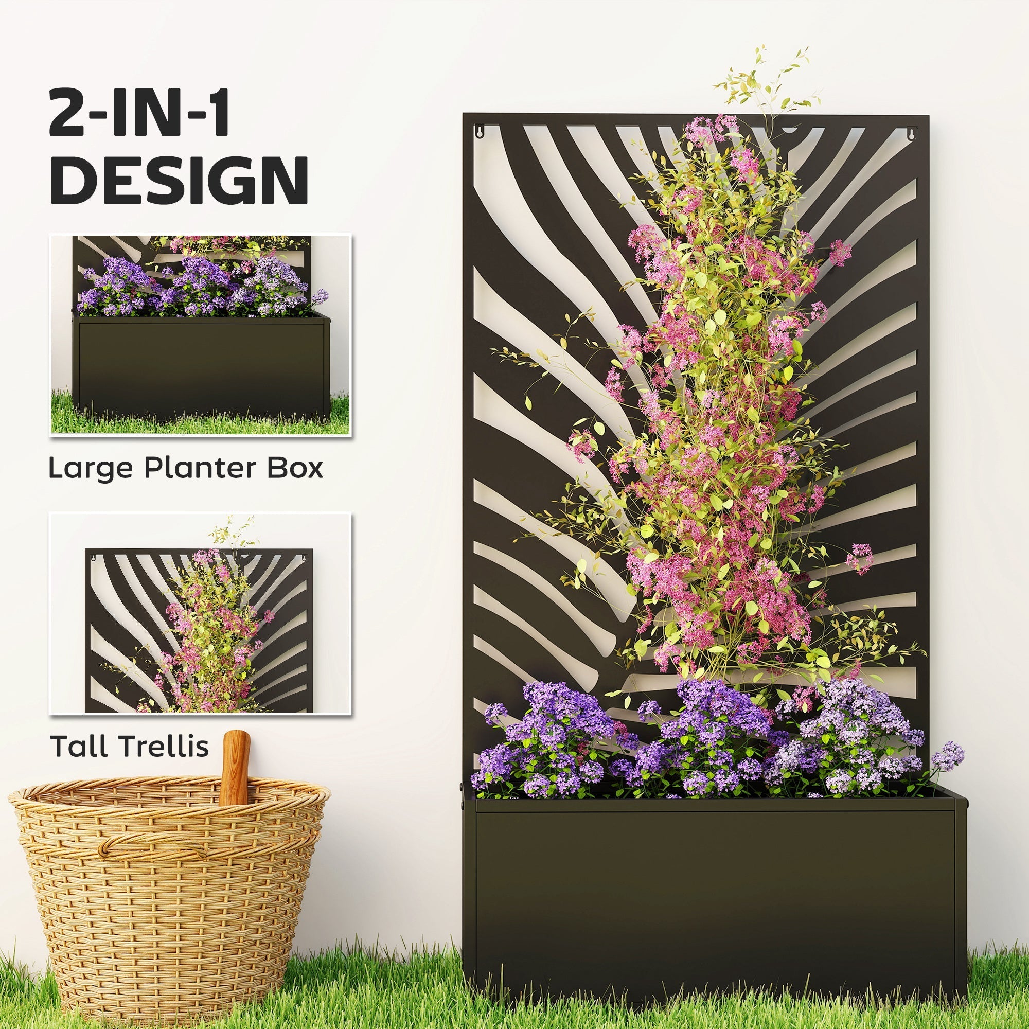 Outsunny Metal Garden Bed for Garden with Trellis, Wall Mounted or Freestanding Raised Planter with Privacy Screen