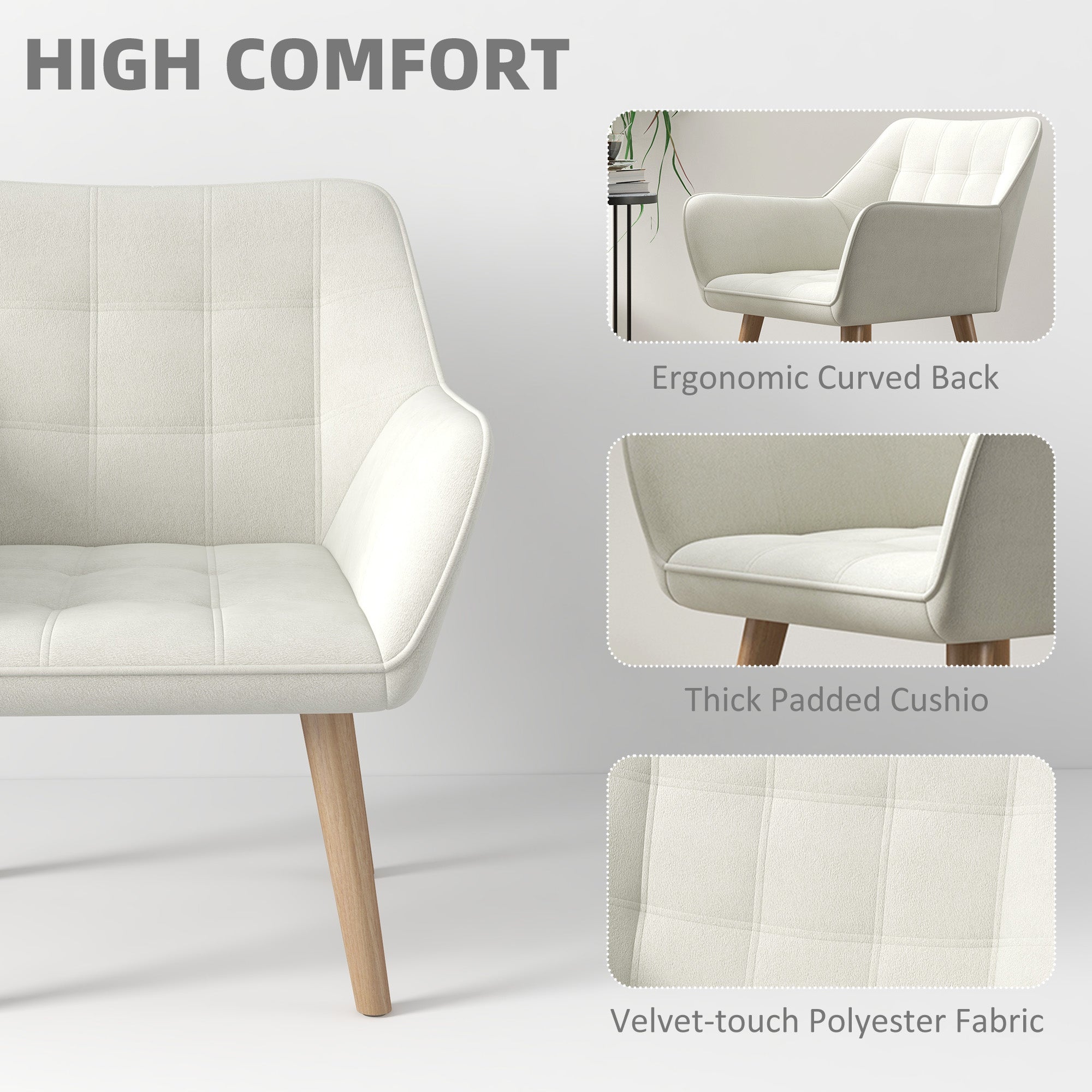 Set of 2 Accent Chair, Arm Chair with Slanted Back, Thick Padding and Rubber Wooden Legs for Living Room, Cream White