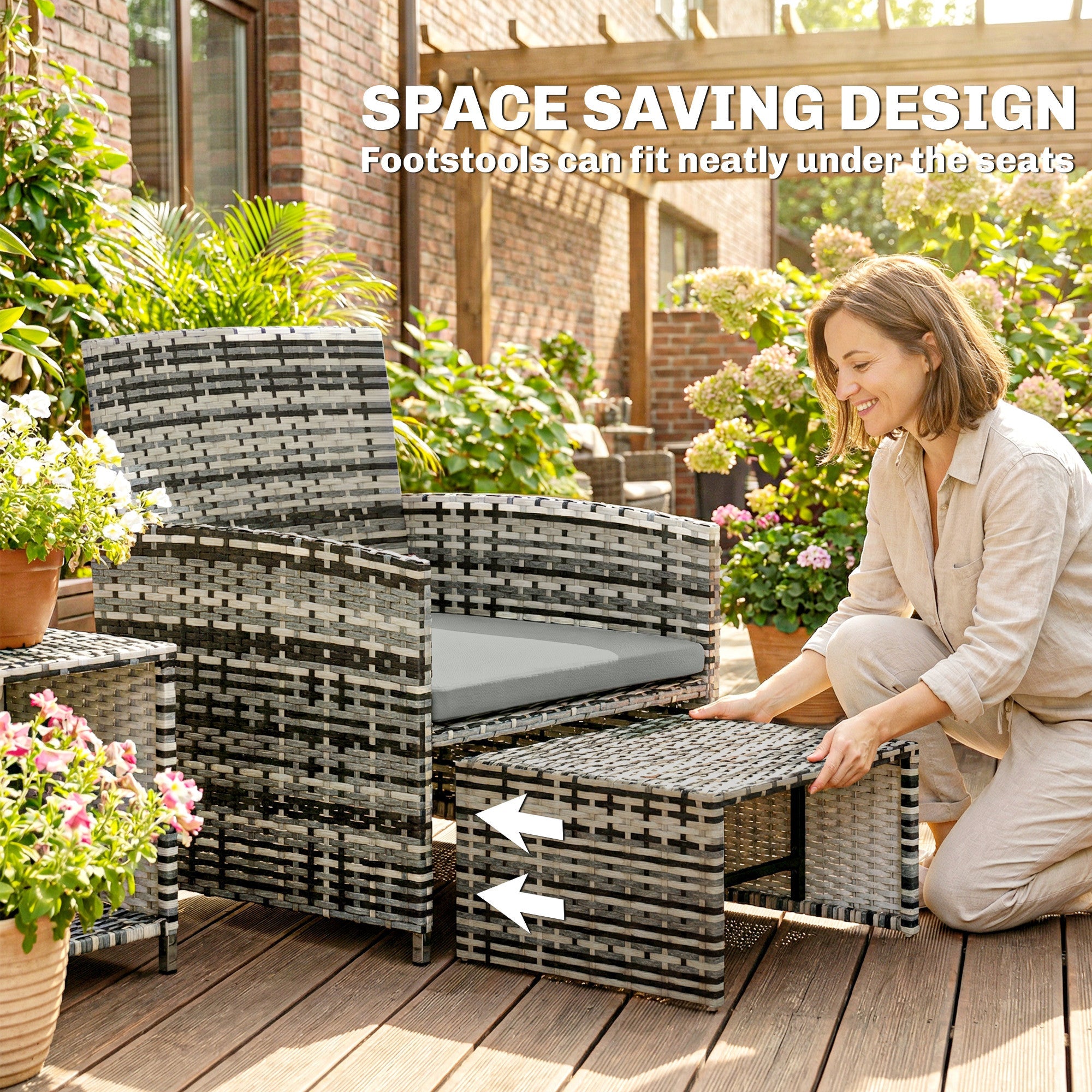 Outsunny 6 Piece Rattan Garden Furniture, Space-Saving Patio Furniture Set with Nesting Tables, Chairs, Stools, Cushions, Grey