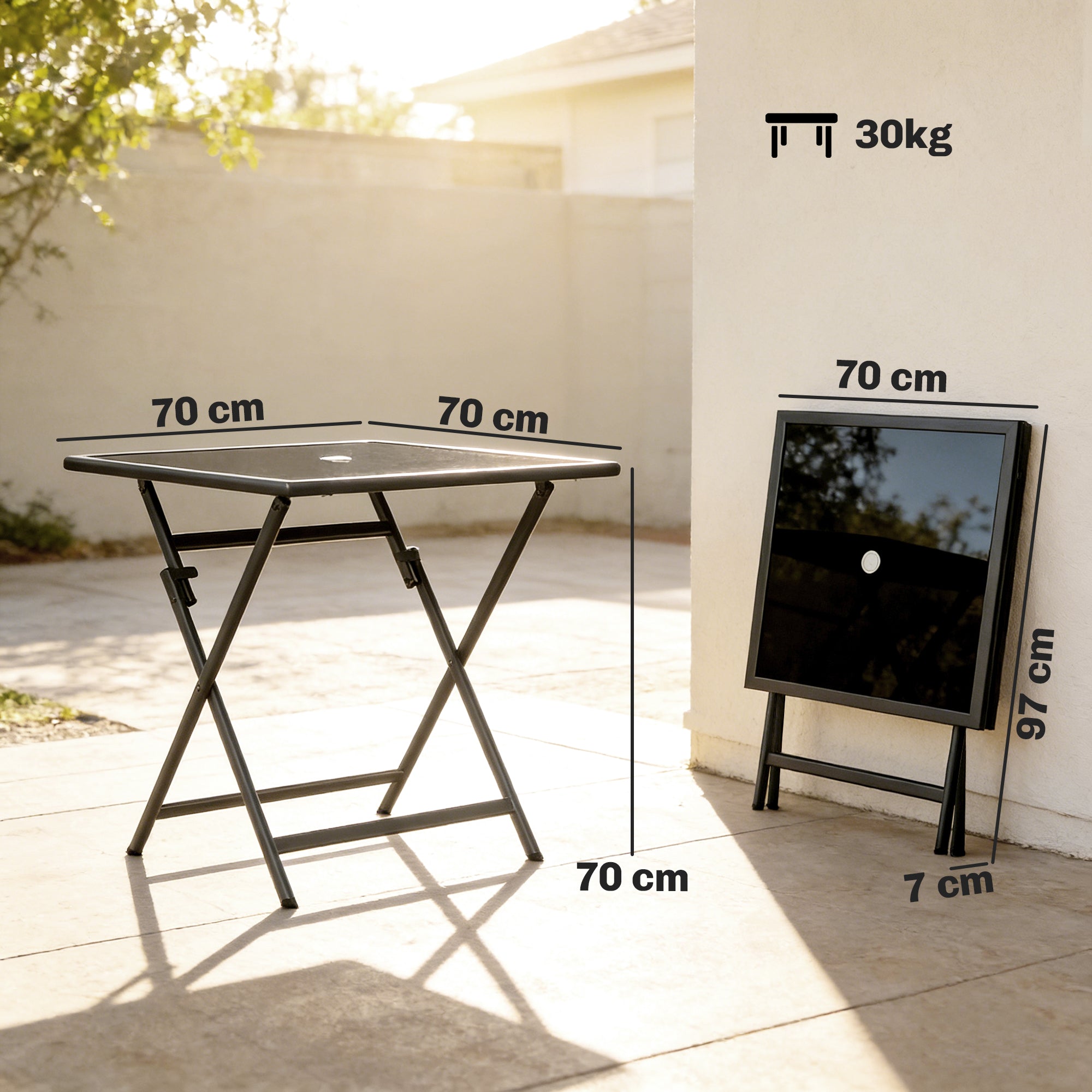 Outsunny Folding Outdoor Dining Table, Square Garden Table Tempered Glass Top with Parasol Hole Garden Patio, 70 x 70 x 70 cm