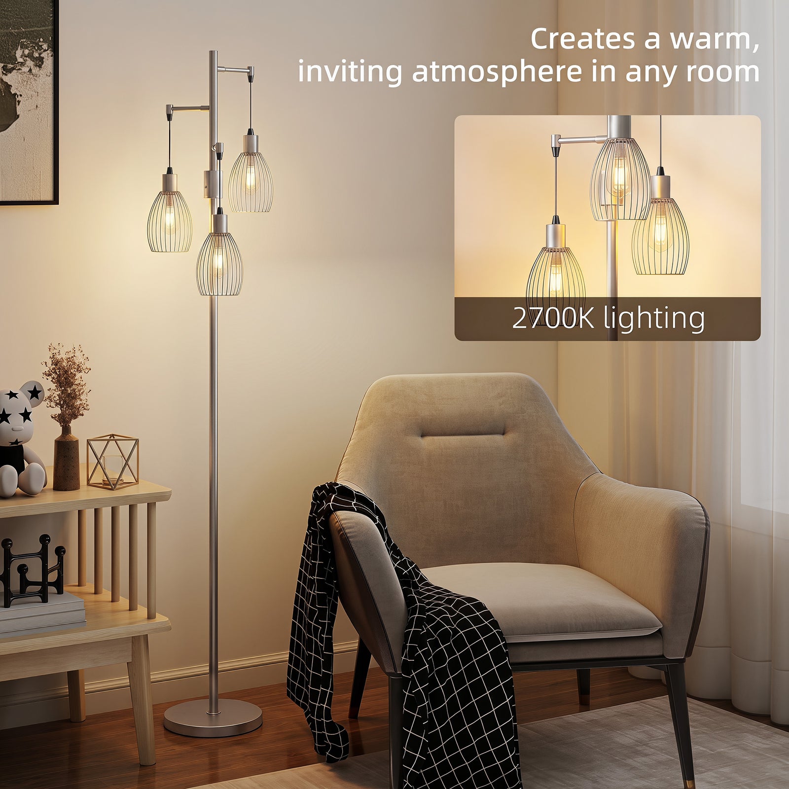HOMCOM 170.5cm Industrial Dimmable Standing Lamp, 3-Light Floor Lamp with Steel Wire Cage Lampshades, Silver Tone