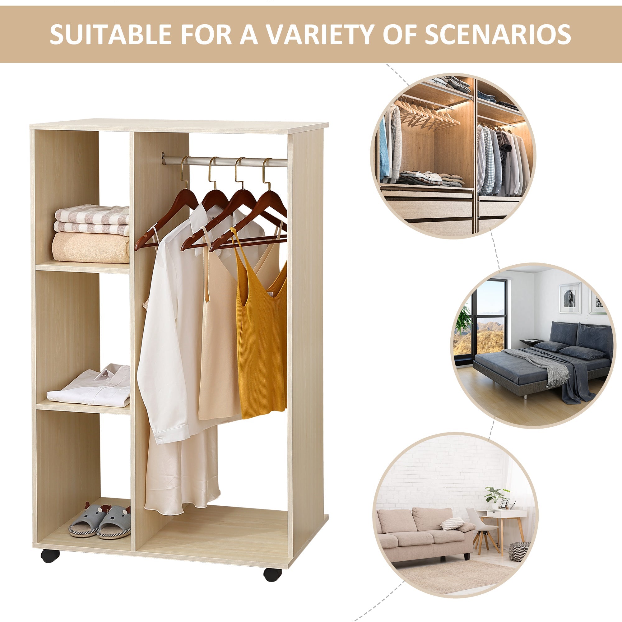 HOMCOM Open Wardrobe on Wheels, Bedroom Wardrobe with Clothes Hanging Rail, 3 Storage Shelves, Mobile Garment Rack for Cloakroom, Hallway, Maple Wood-Effect