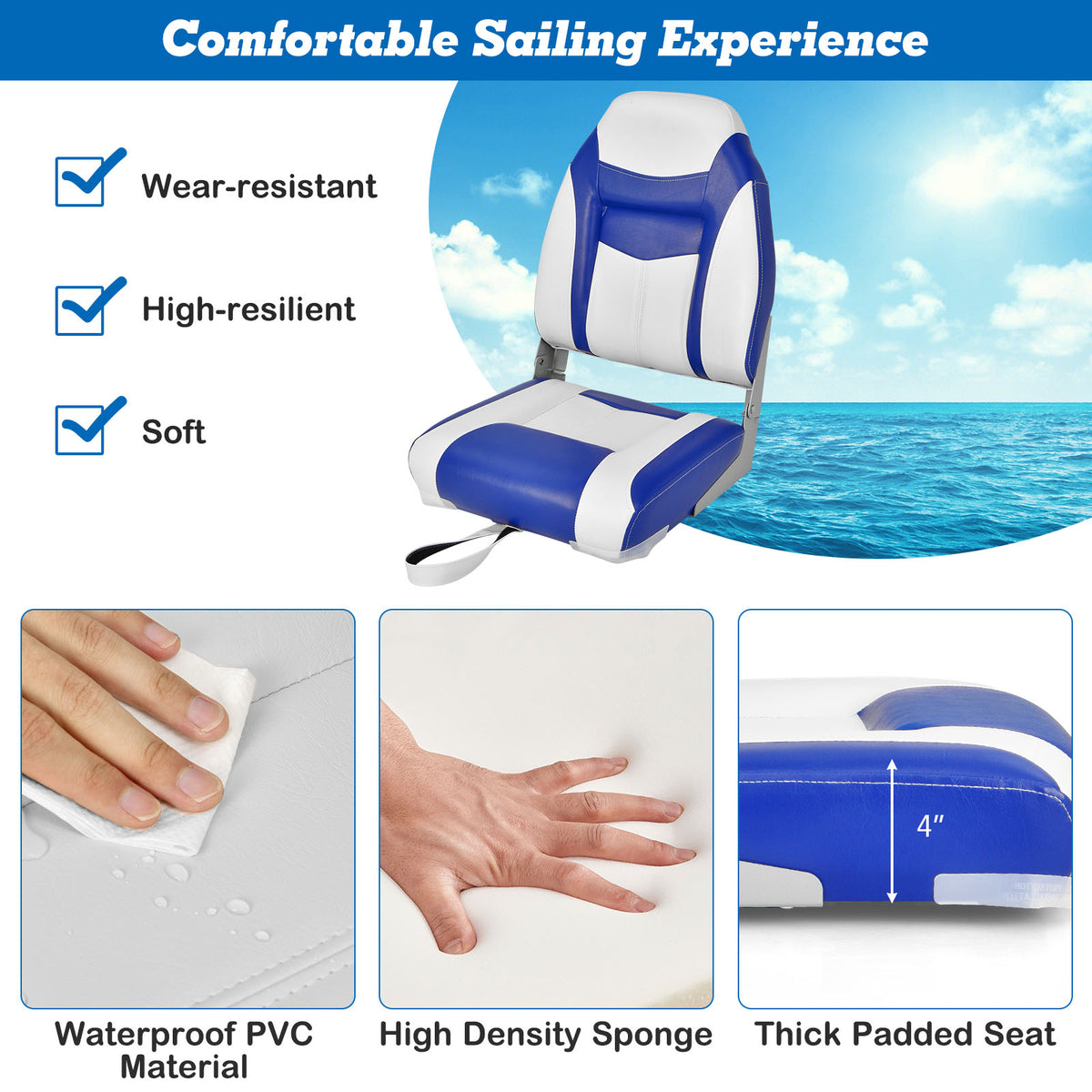2 Pieces High Back Boat Seat with High-density Sponge Cushion-Blue
