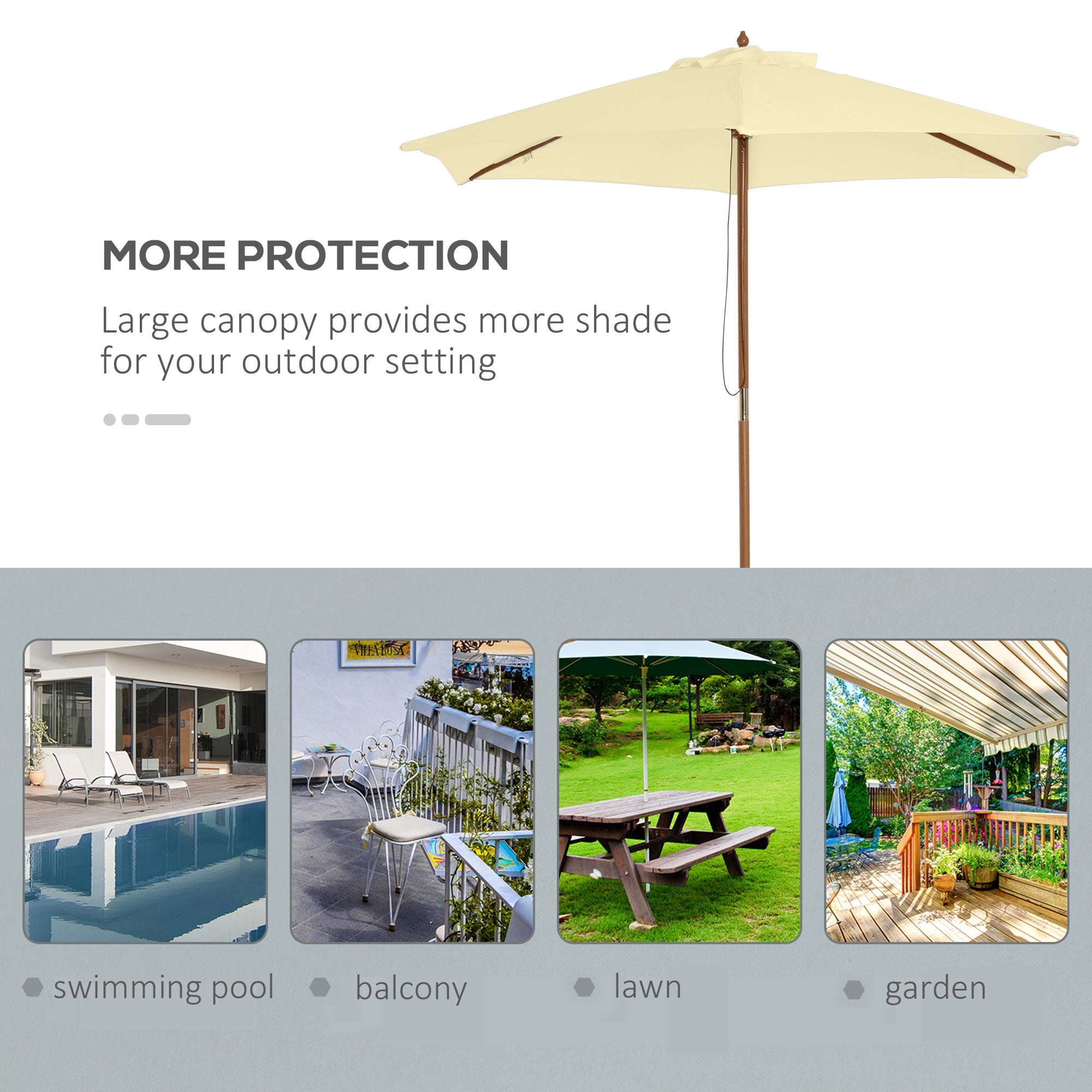 Outsunny 2.5m Wood Garden Parasol Sun Shade Patio Outdoor Wooden Umbrella Canopy, Table Market Umbrella with Vent, 38mm Pole, Rope Pulley Mechanism, Cream White