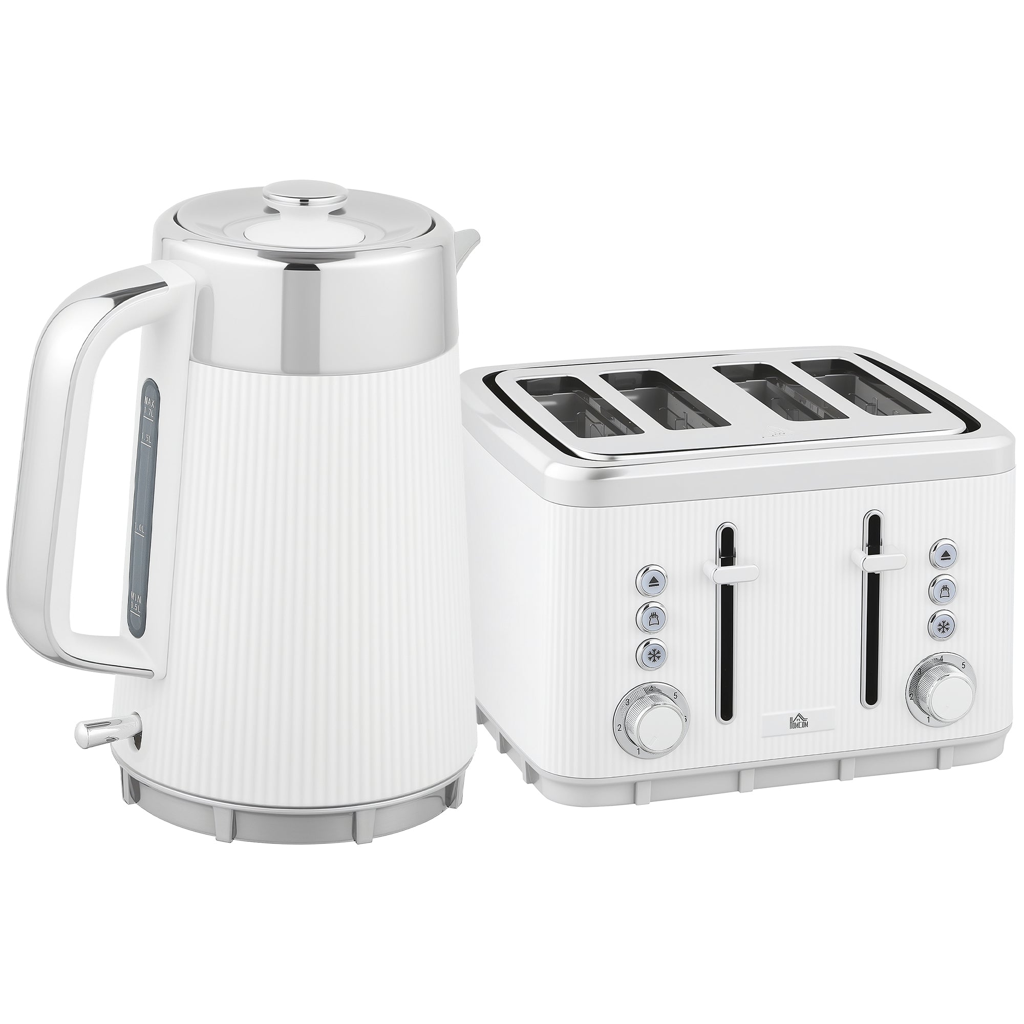 HOMCOM Electric Kettle and Toaster Set, 3000W 1.7L UK Strix Thermostat Rapid Boil Jug Kettle with Limescale Filter, Cool Touch Body, 4 Slice Toaster with 7 Browning Controls, Crumb Tray, White