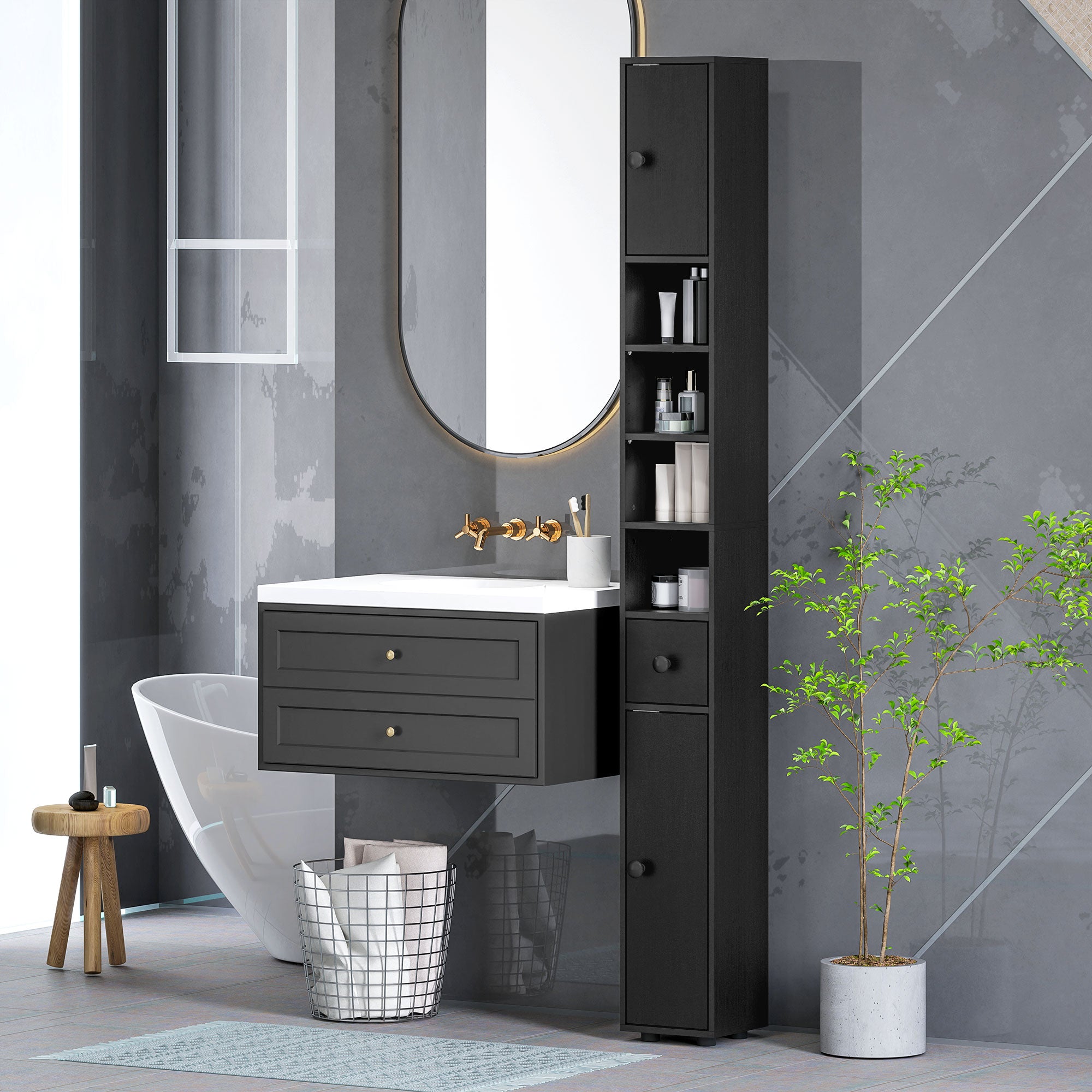 kleankin 180cm Slim Bathroom Cabinet, with Drawer, Shelves and Cupboards - Black