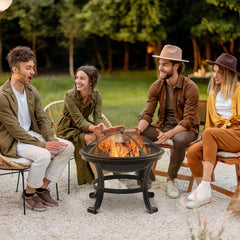 Outsunny Outdoor Fire Pit, Firepit with Mesh Lid, Poker, for Camping, Bonfire, Picnic, Black