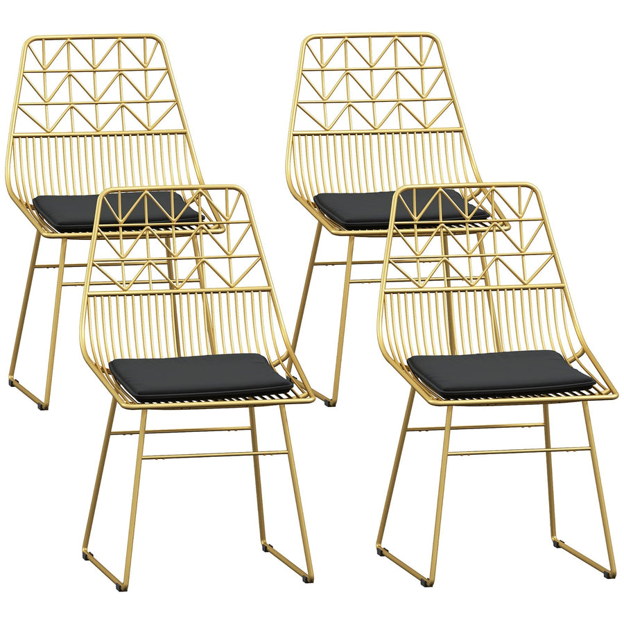 HOMCOM Luxurious Dining Chairs Set of 4, Metal Wire Kitchen Chair with Removable Velvet-feel Cushion, Cut-out Back and Steel Frame for Dining Room, Gold Tone