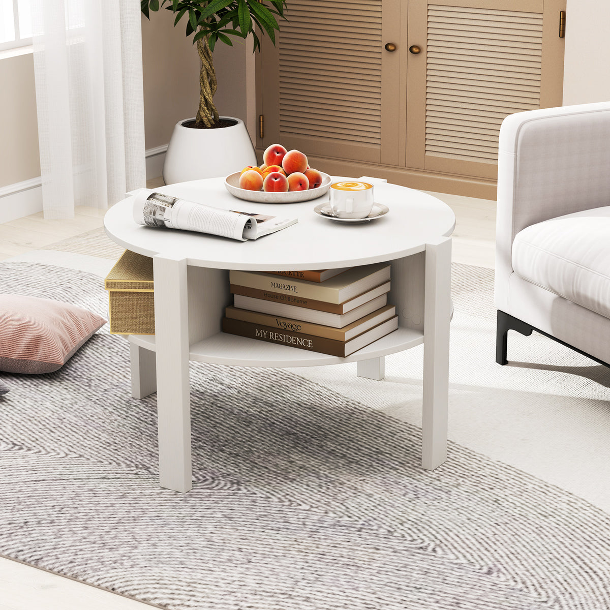 2-Tier Round Coffee Table with 4 Shelves-White