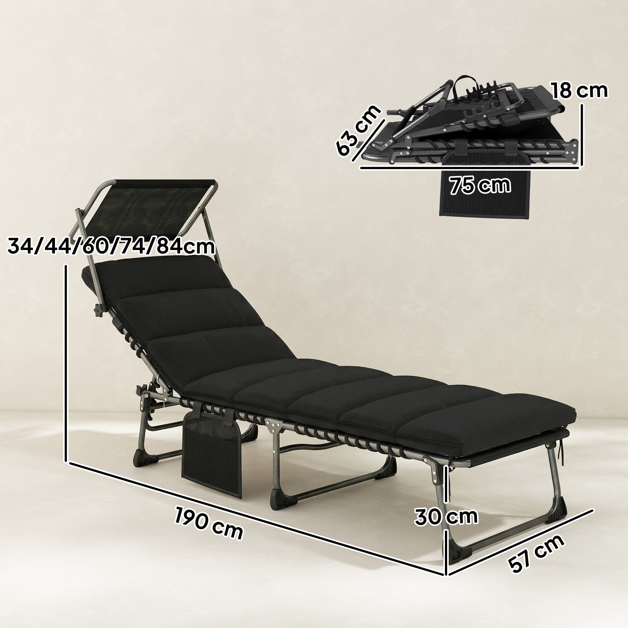 Outsunny Folding Sun Lounger with Canopy, Reclining Sunbed with Cushion, Side Pocket, Carrying Handle, Black