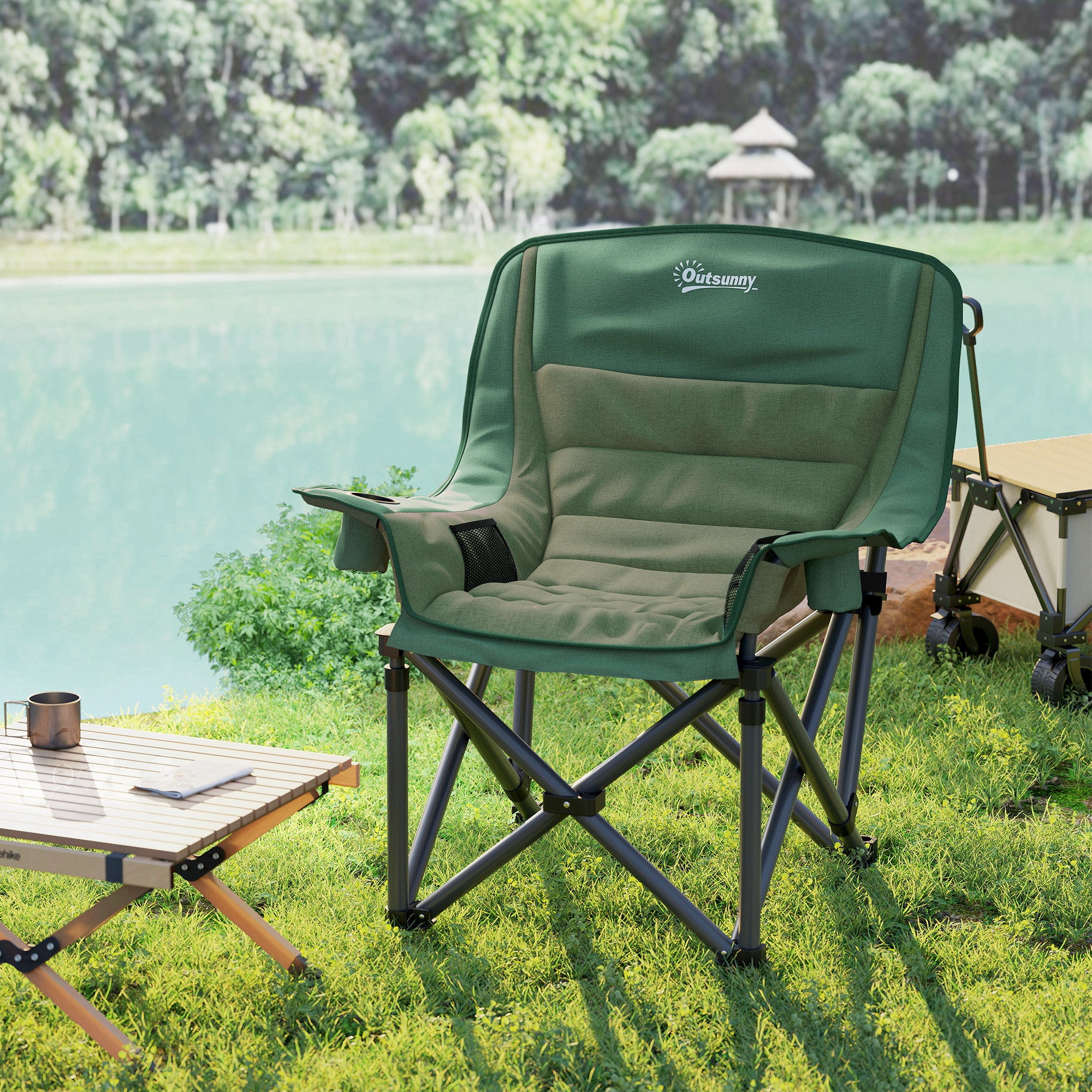 Outsunny Portable Padded Camping Chair, with Bag - Olive Green