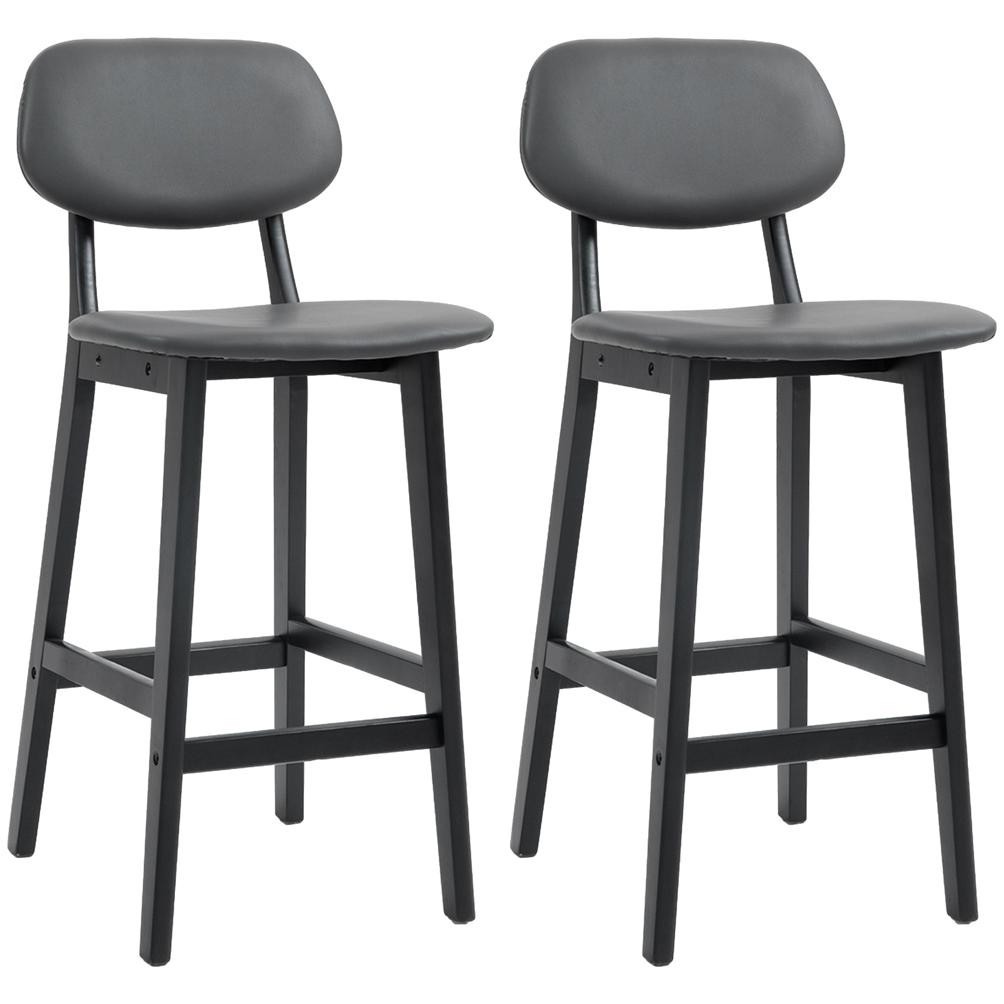 HOMCOM Bar Stools Set of 2, Breakfast Bar Chairs, PU Leather Upholstered Kitchen Stools with Backs, Footrests and Solid Wood Legs, Dark Grey