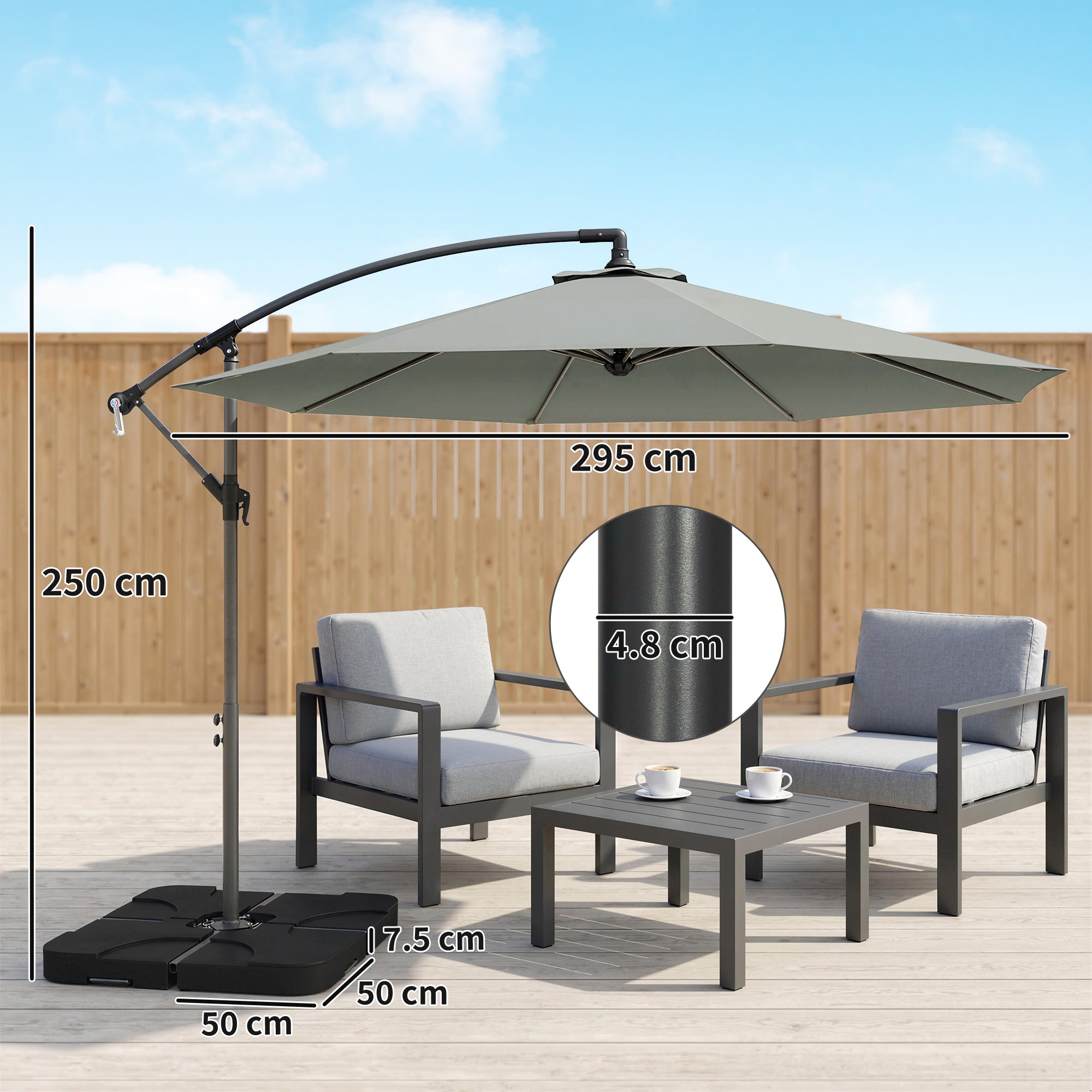 Outsunny 3m Overhanging Parasol, with Base, Weights and Cover - Light Grey