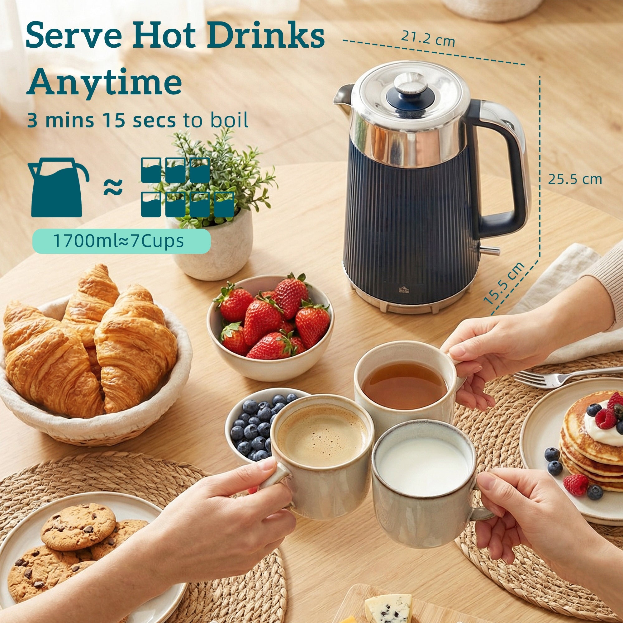 HOMCOM Electric Stainless Steel Kettle and Toaster Set, 3000W 1.7L UK Strix Thermostat Dark Blue