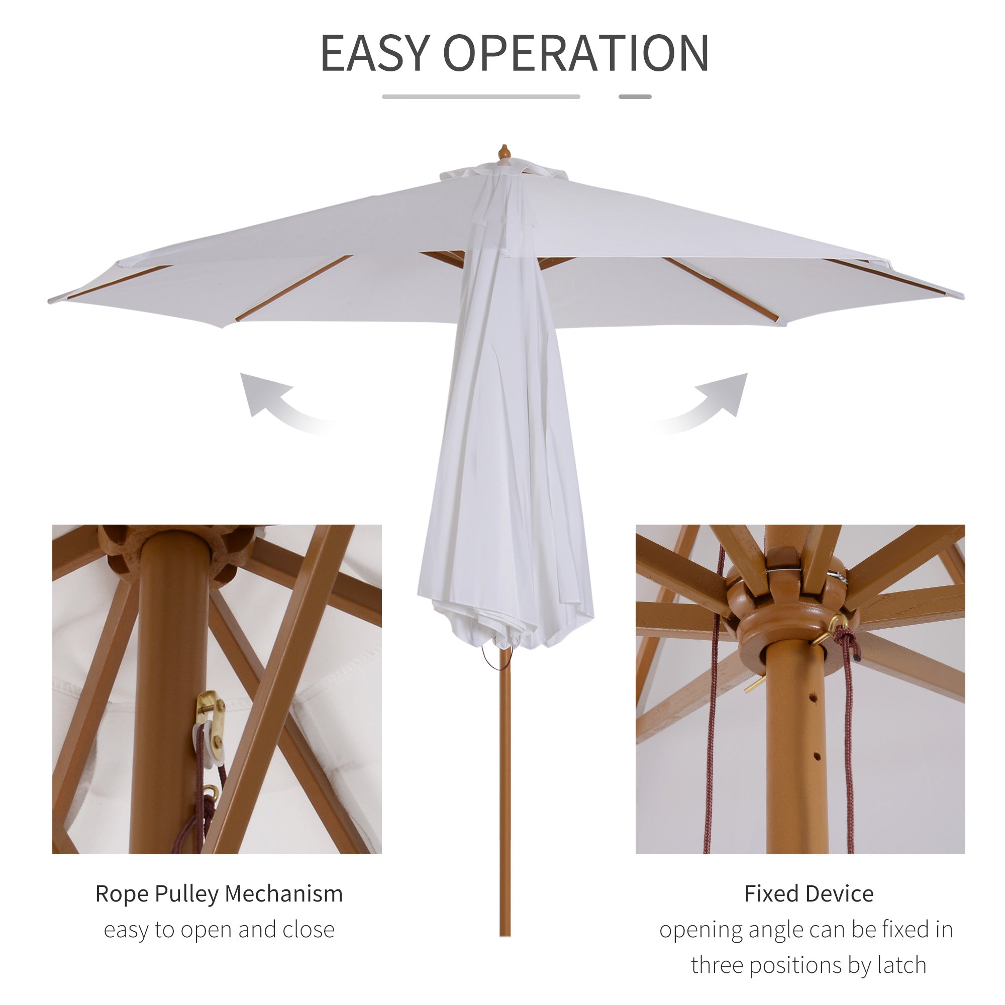 Outsunny 3(m) Garden Parasol, Pulley Operated Patio Umbrella, Wooden Table Market Umbrella with Rope Pulley Mechanism and 8 Ribs, Cream White