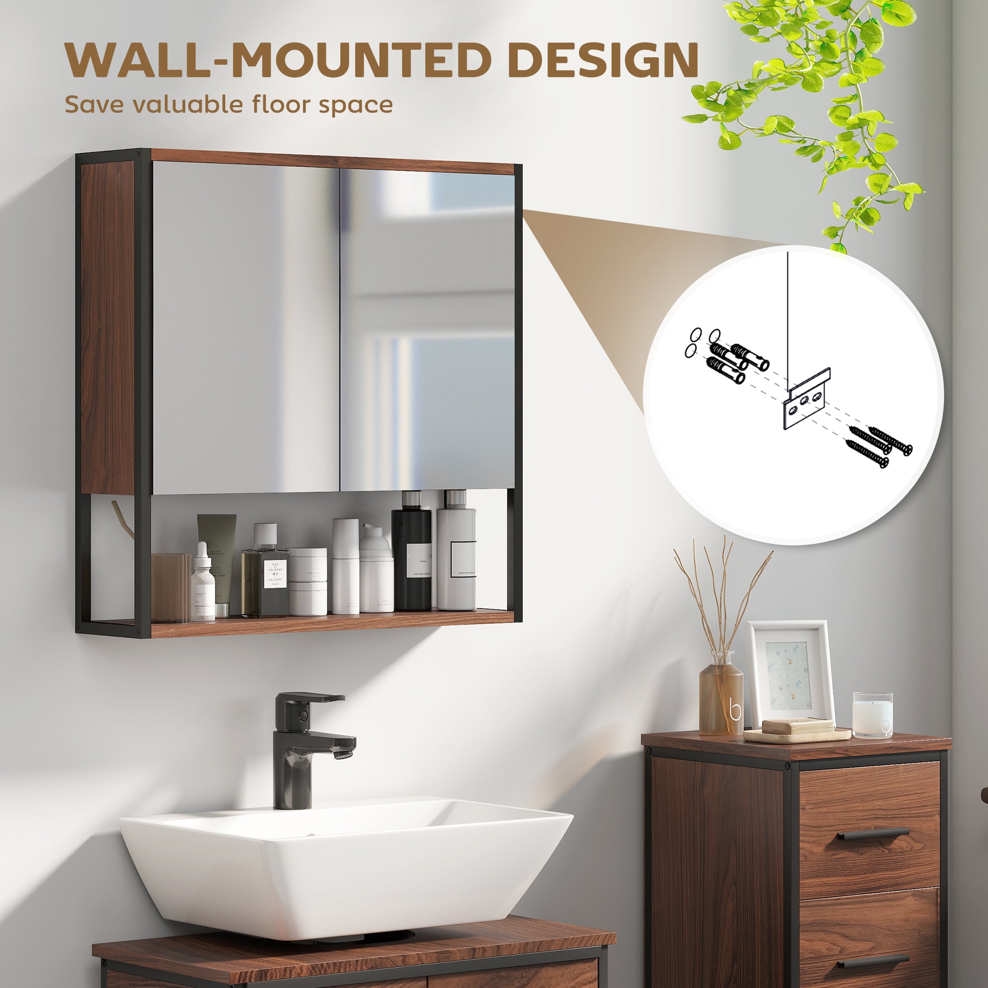 HOMCOM Bathroom Mirror Cabinet with Soft-Close Doors and Adjustable Shelf - Natural Wood Finish