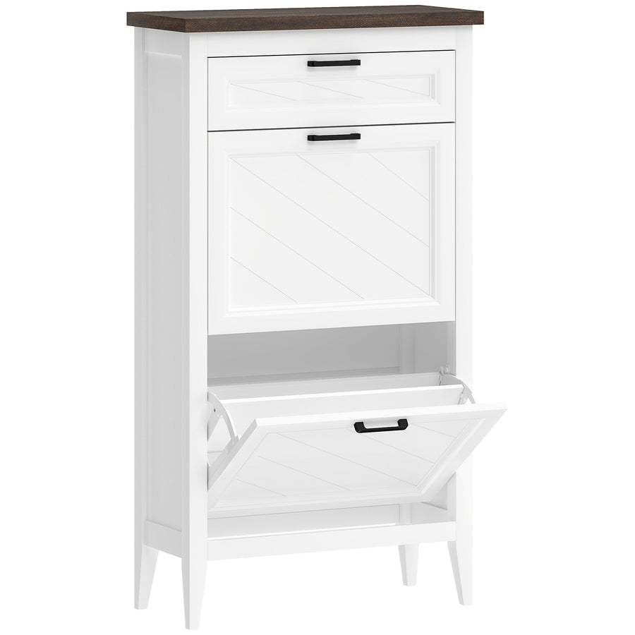 HOMCOM Shoe Cabinet with 2 Flip Drawers, Farmhouse Narrow Shoe Storage Cabinet with Adjustable Shelves, White